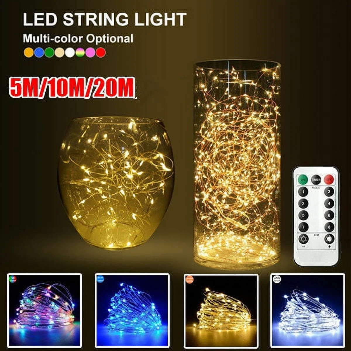 50LEDs 16ft Copper Wire String Lights USB Fairy Lights with Remote 8 Modes Lights Waterproof Christmas Tree Home Wedding Decor, Warm White