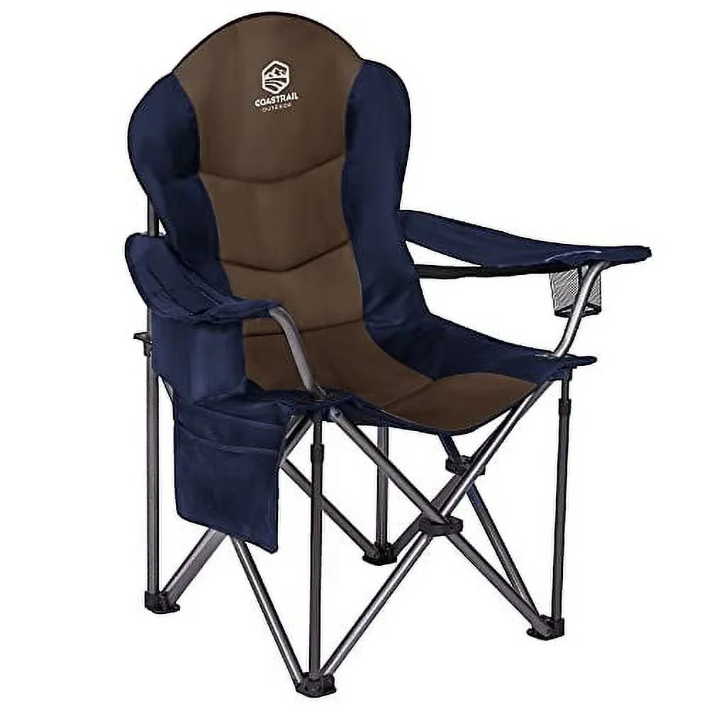 HUEZOE Outdoor Padded Camping Chair with Lumbar Back Support, Oversized Heavy Duty Lawn Chair Folding Quad Arm Chair with Cooler Bag, Cup Holder & Side Pocket, Supports 400lbs,