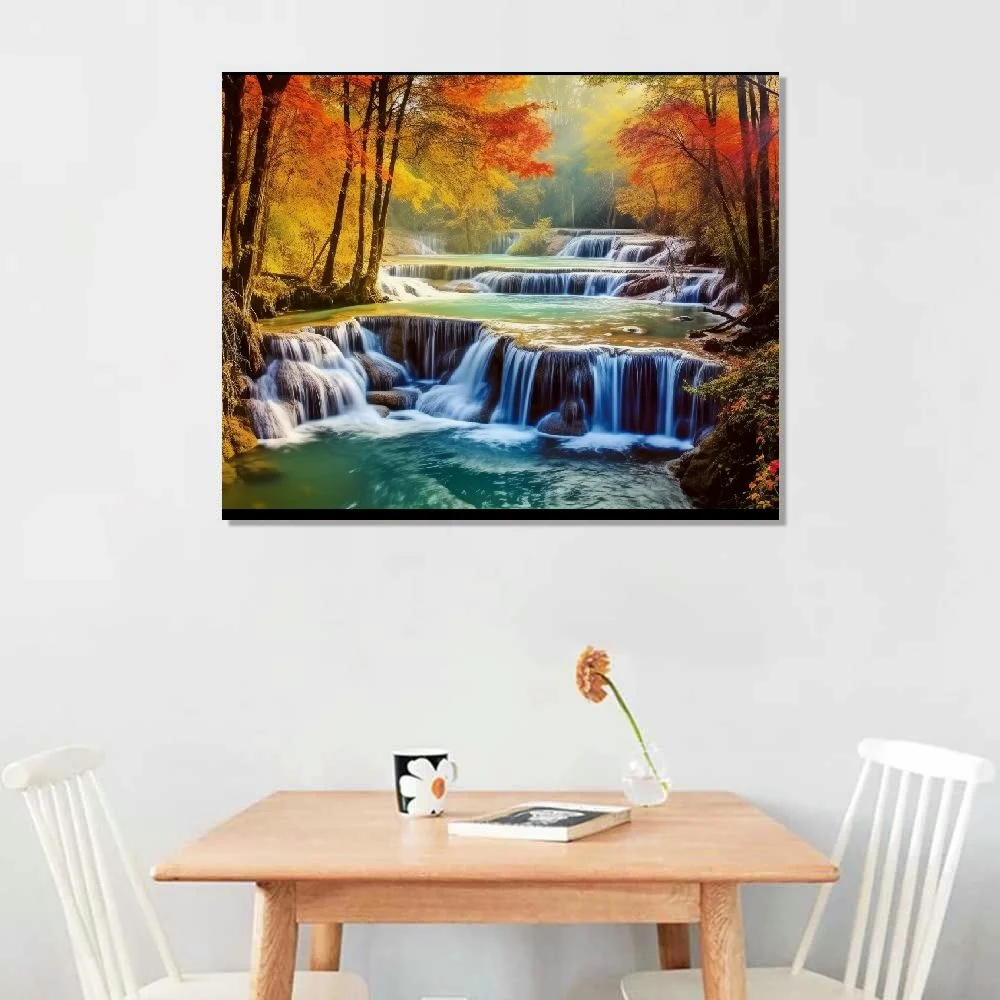 Zhiwo Wall Art Decor Large Canvas Print Picture Colorful Majestic Waterfall 1 Panel Park Forest Painting Autumn Artwork for Office Home Wall Decor Framed Ready to Hang 20x16 20x16in