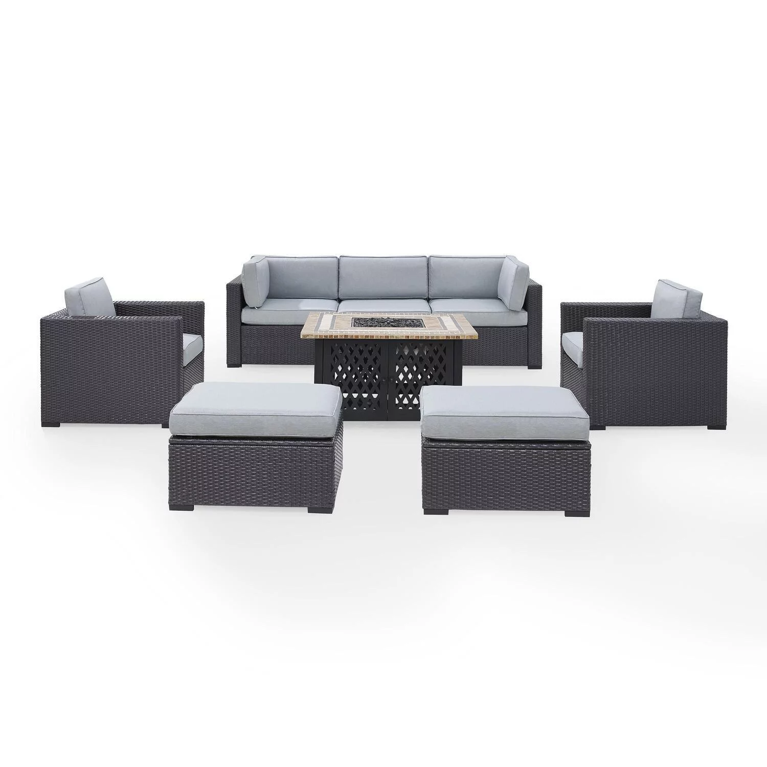 Maykoosh Eclectic Exclusivity 6Pc Outdoor Wicker Sectional Set W/Fire Pit White/Brown - Ashland Firepit, 2 Loveseats, Armless Chair, & 2 Ottomans