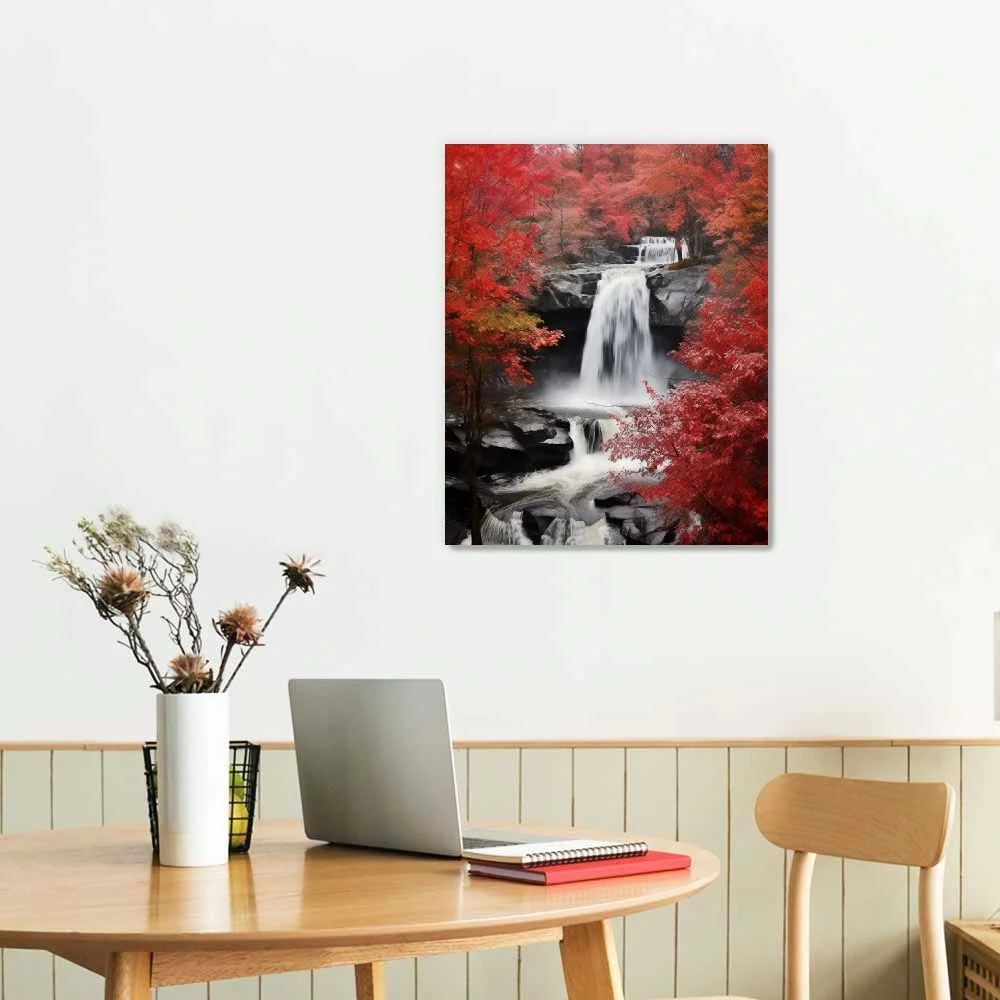 YIKUMA Red Waterfall Canvas Wall Art Decor Vertical Decorative Prints Forest Landscape Picture for Living Room Kitchen Bedroom Office Home Decor Gift 16x20in 12x16 in