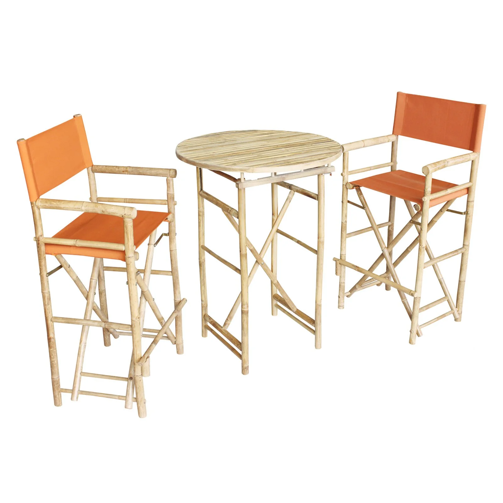 Zew Hand Crafted 3 Piece Round Folding Bamboo Bar Height Patio Dining Set