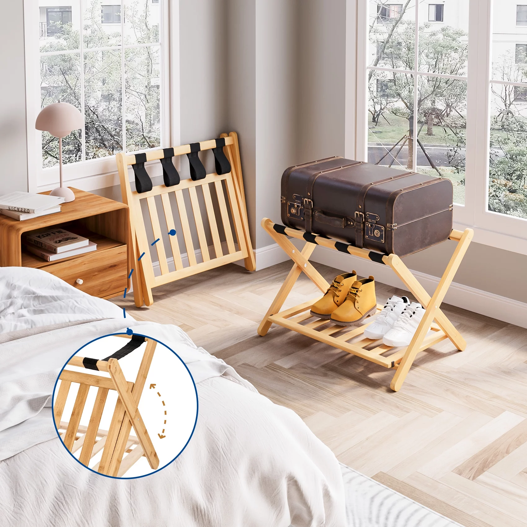 Smart FENDEE Luggage Rack Foldable Bamboo Suitcase Stand, Set of 2, Natural