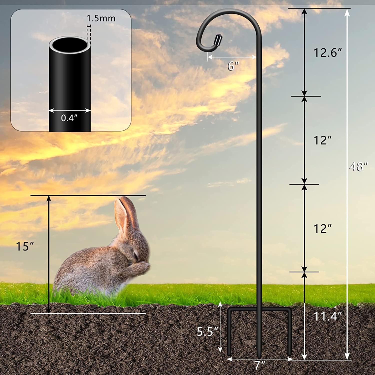 8 Pack Shepherds Hooks for Outdoor 48 Inch Garden Hooks for Hanging Plants, Lanterns, Bird Feeders, Solar Lights, Mason Jars, Weddings Decor, Adjustable, Matte Black