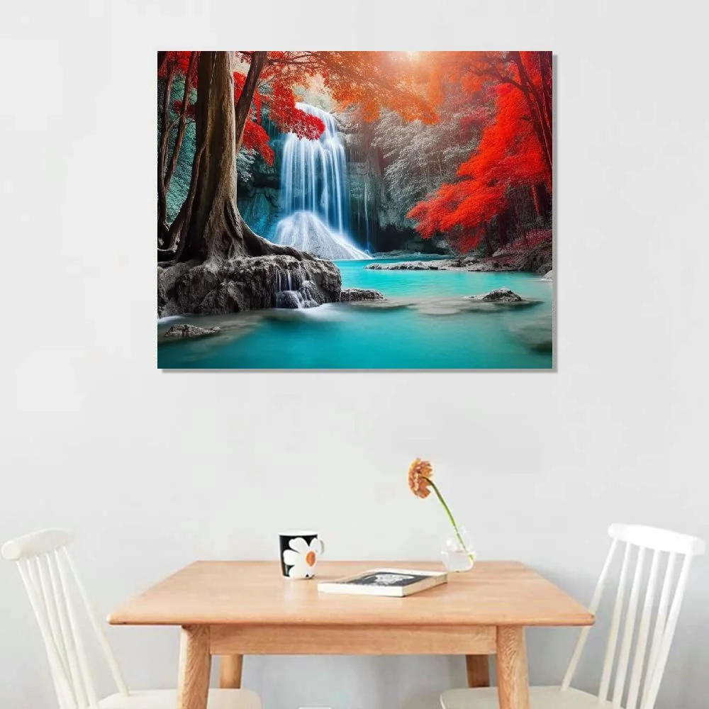 Chilfamy Fall Forest Wall Art Nature Landscape Canvas Prints Season Mountain Waterfall Pictures Wall Decor fro Bathroom Bedroom Red Tree Park Paintings Modern Frame Artwork Home Decorations-20x16inch