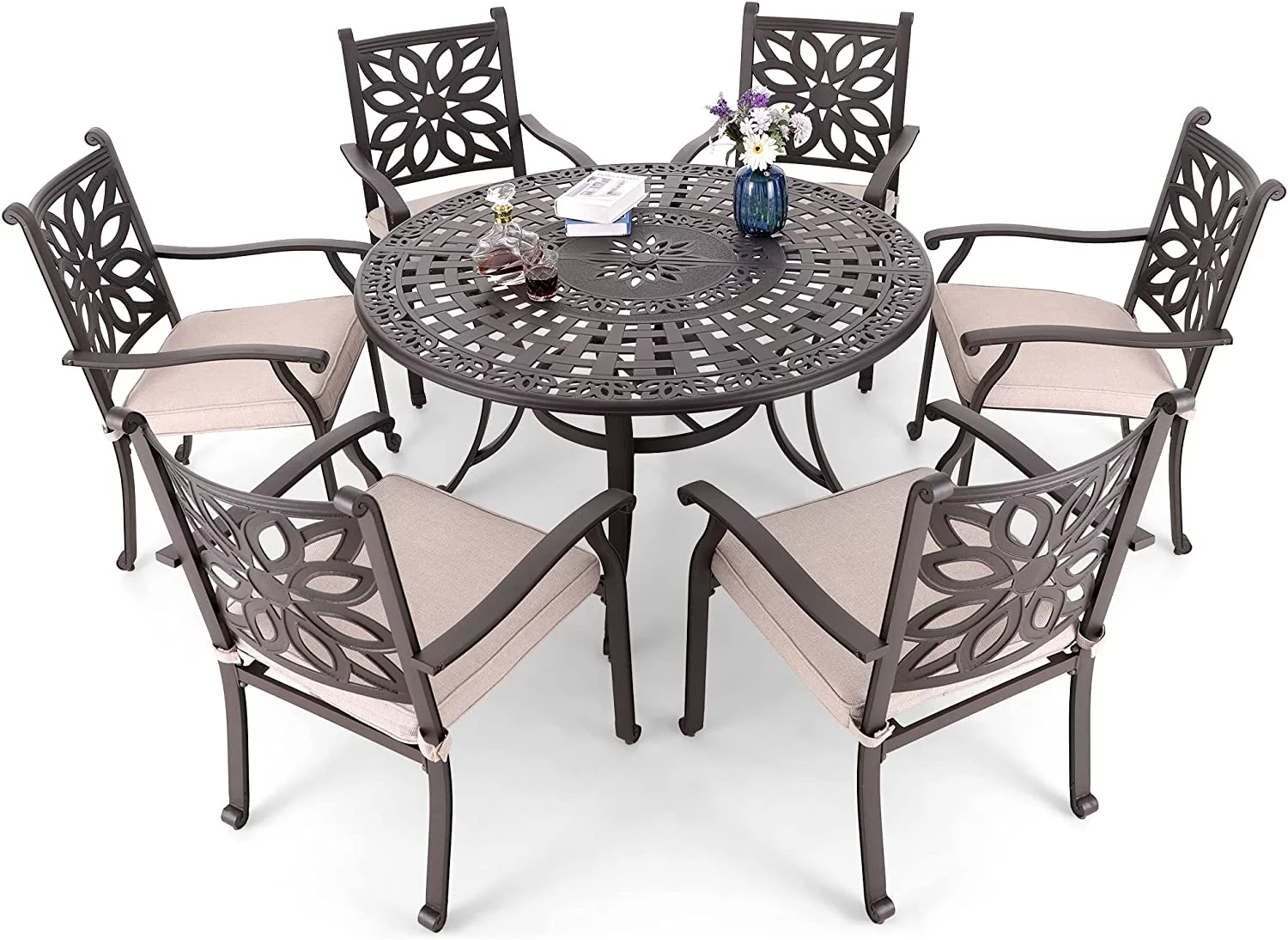 7 PCS Cast Aluminum Design Patio Dining Set with 6 Extra Wide Dining Chair and 1 54
