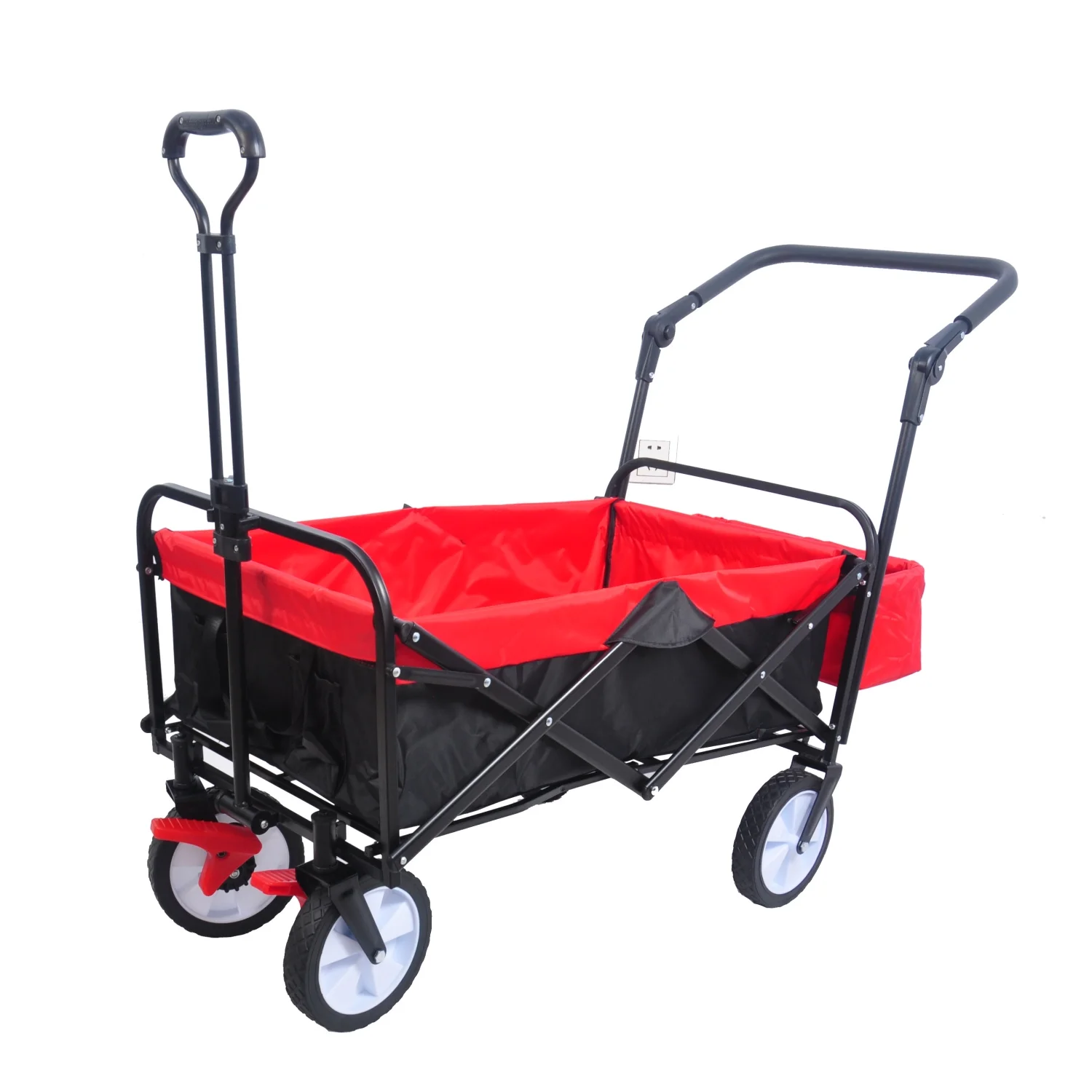 ZWNLKQG folding wagon Collapsible Outdoor Utility Wagon  Heavy Duty Folding Garden Portable  Cart  Drink Holder  Adjustable Handles(Black+Red colour)