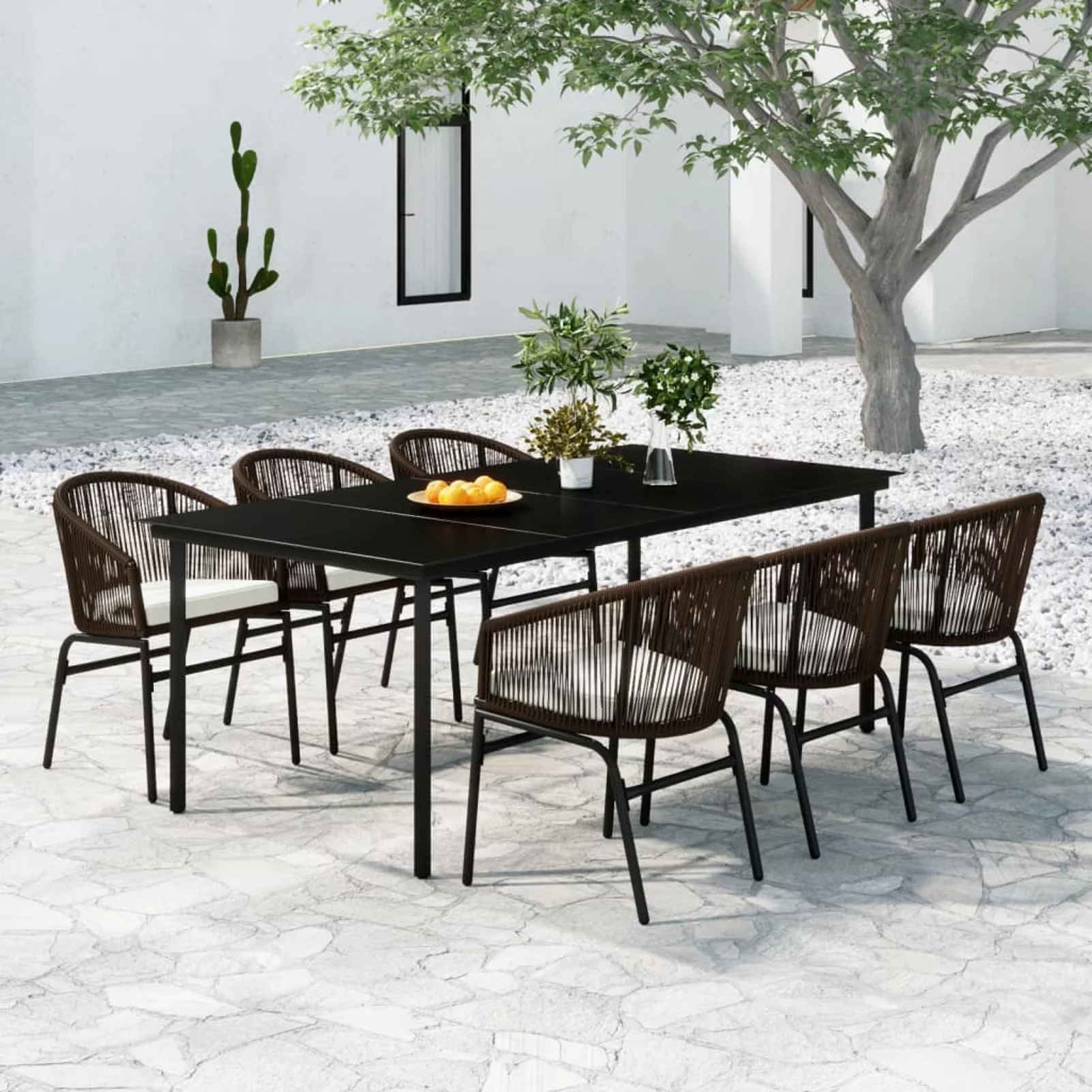 Anself Set of 7  Dining Set Glass Tabletop Table and 6 Cushioned Garden Chairs PVC Rattan Conversation Set for Balcony, Yard, Courtyards, Patio