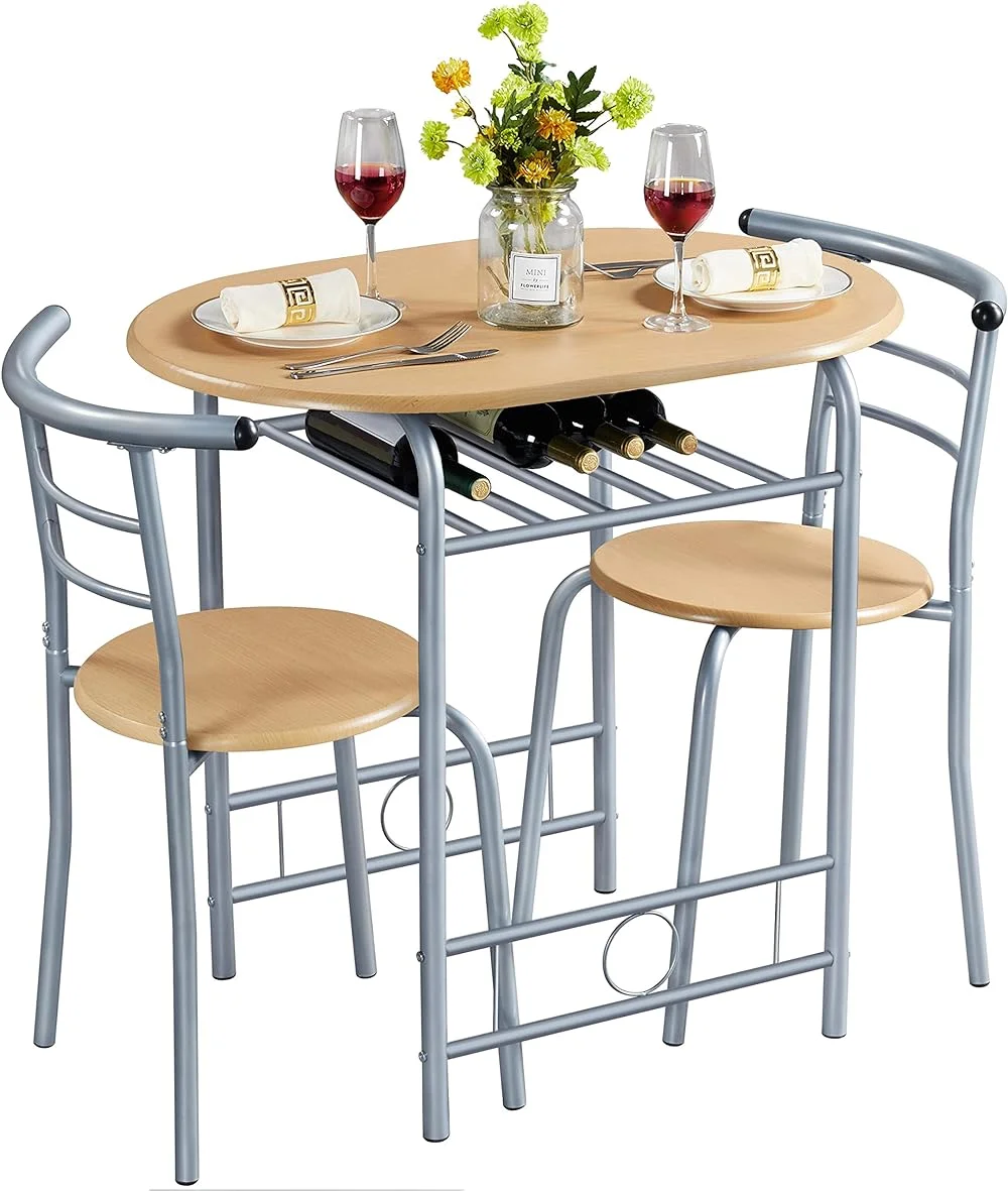 TJCGDTY 3 Piece Dining  Set  Kitchen  & Chair Sets for 2  Compact Bistro  Set with Steel Legs  Built-in Wine Rack for Small Space  Apartment  Breakfast Nook  Natural