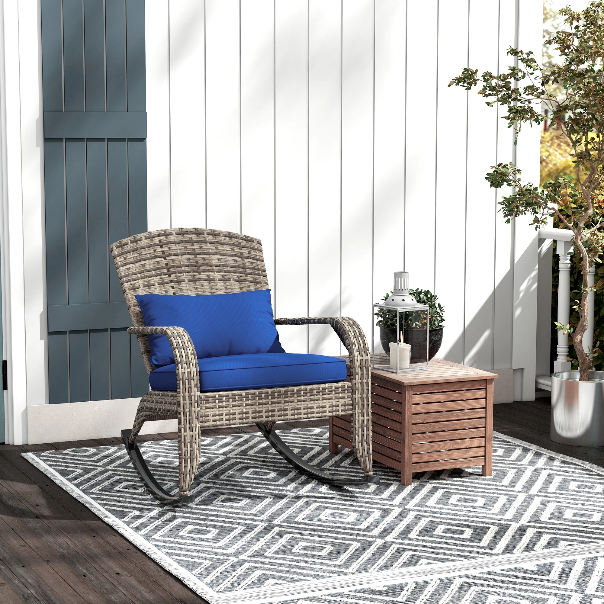 Outdoor Wicker Rocking Chair, PE- Patio Rattan Rocking Chair, High Back, Cushion, Pillow, Weight Capacity 264 lbs