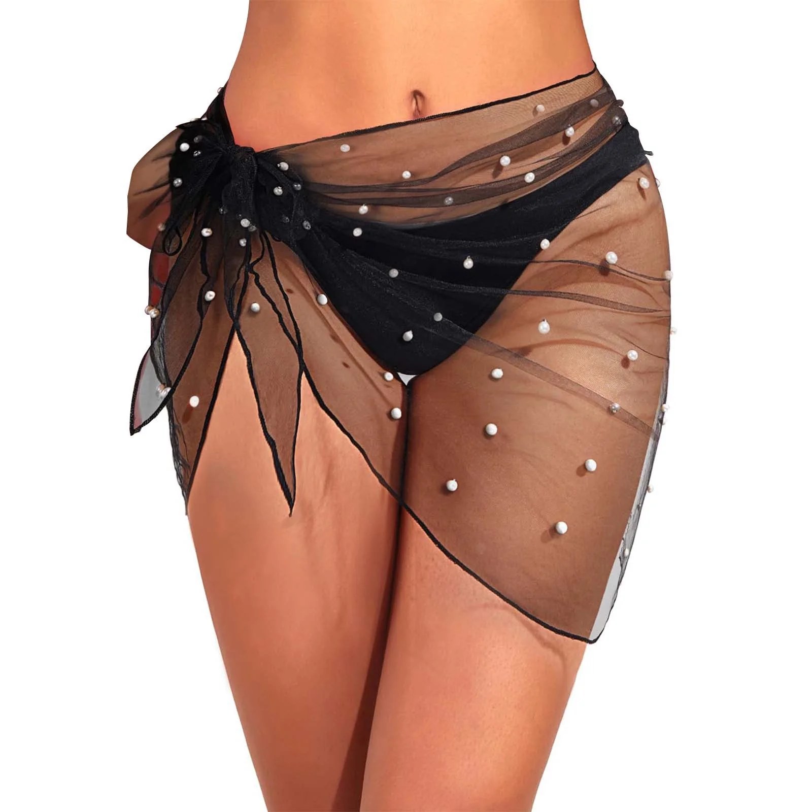 Autumn Tennis Skirt Women'S Beach Vacation Sheer Mesh Skirt With Pearl Beaded Bikini Cover Up Tie Waist Half Skirt Skirt Sets Women 2 Piece Outfits Plus Size