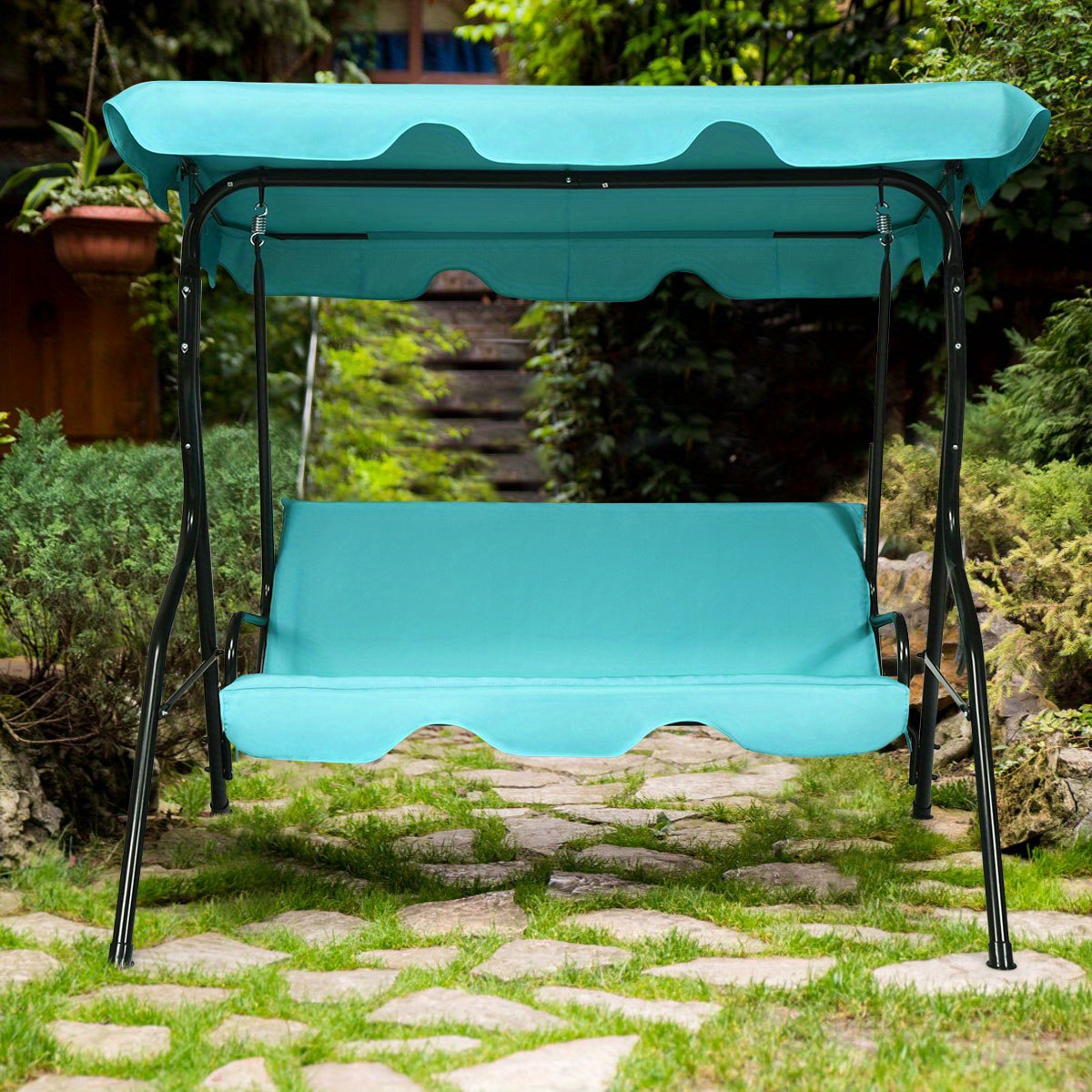 Patio 3 Seats Canopy Swing Glider Hammock Cushioned Steel Frame Backyard Blue