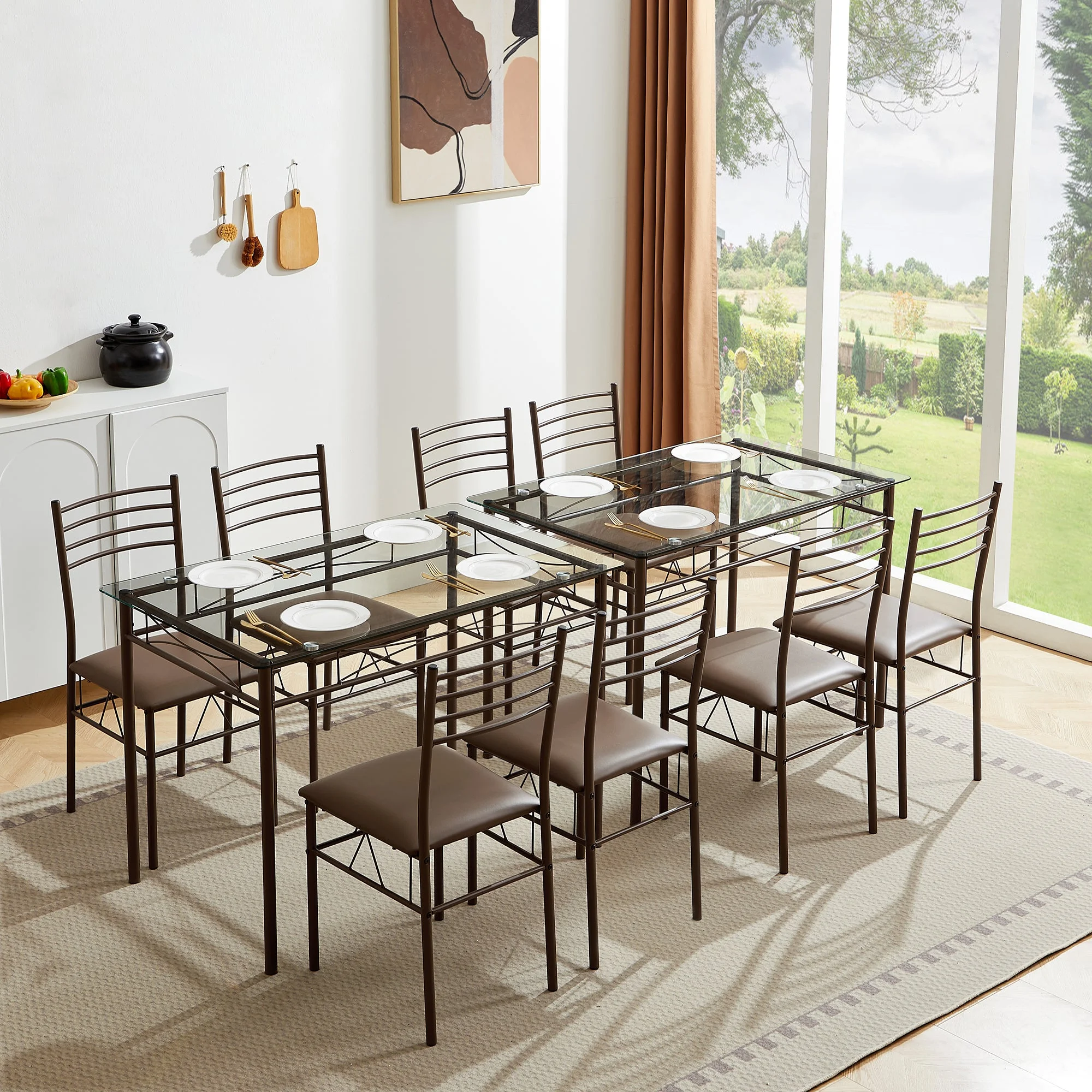 VECELO 5-Piece Dining Table Set, Kitchen Dining Room Table and 4 Chairs, Glass Table Top with Metal Frame, Space Saving, Brown