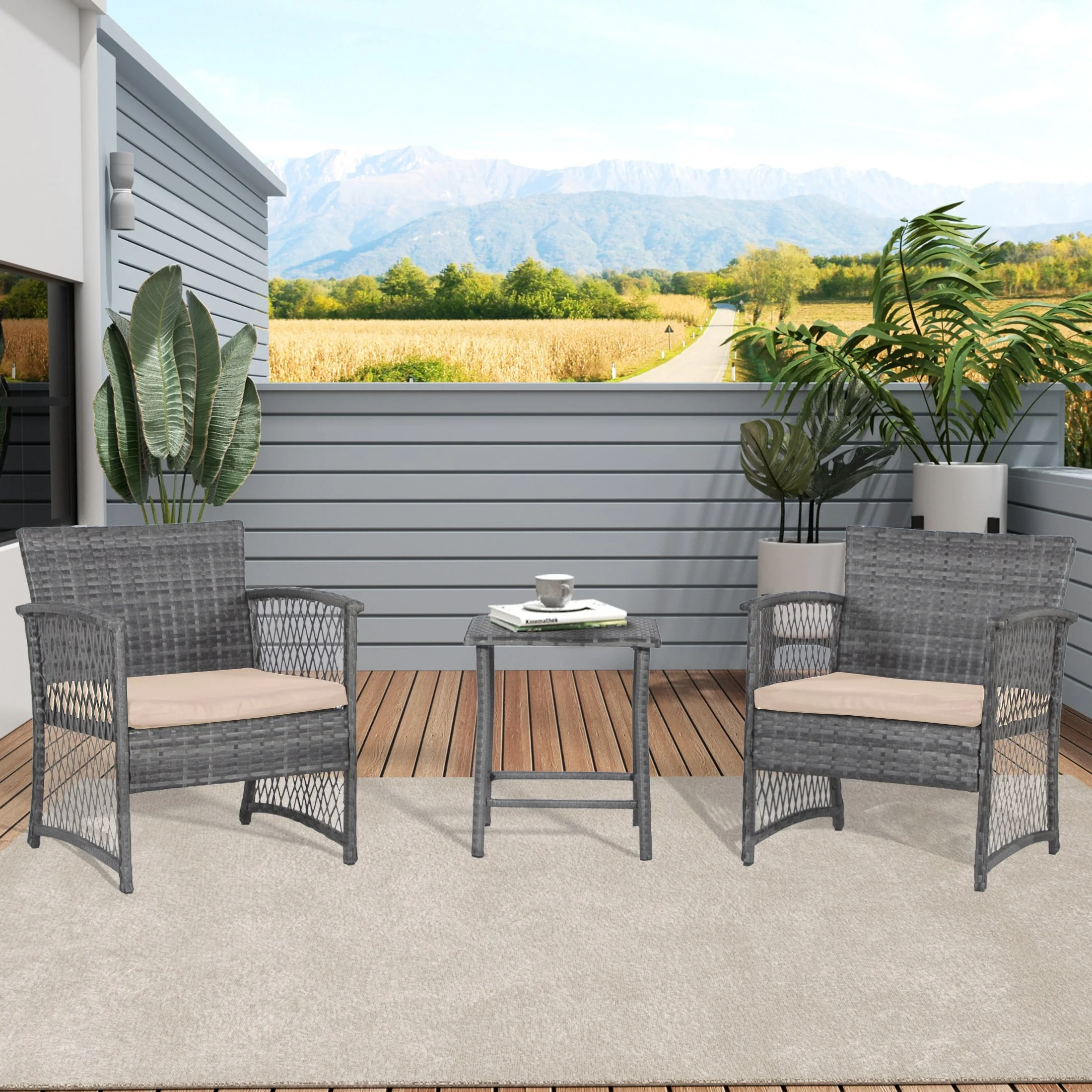 3-Piece Outdoor Patio Seating Conversation Set, Gray/Beige