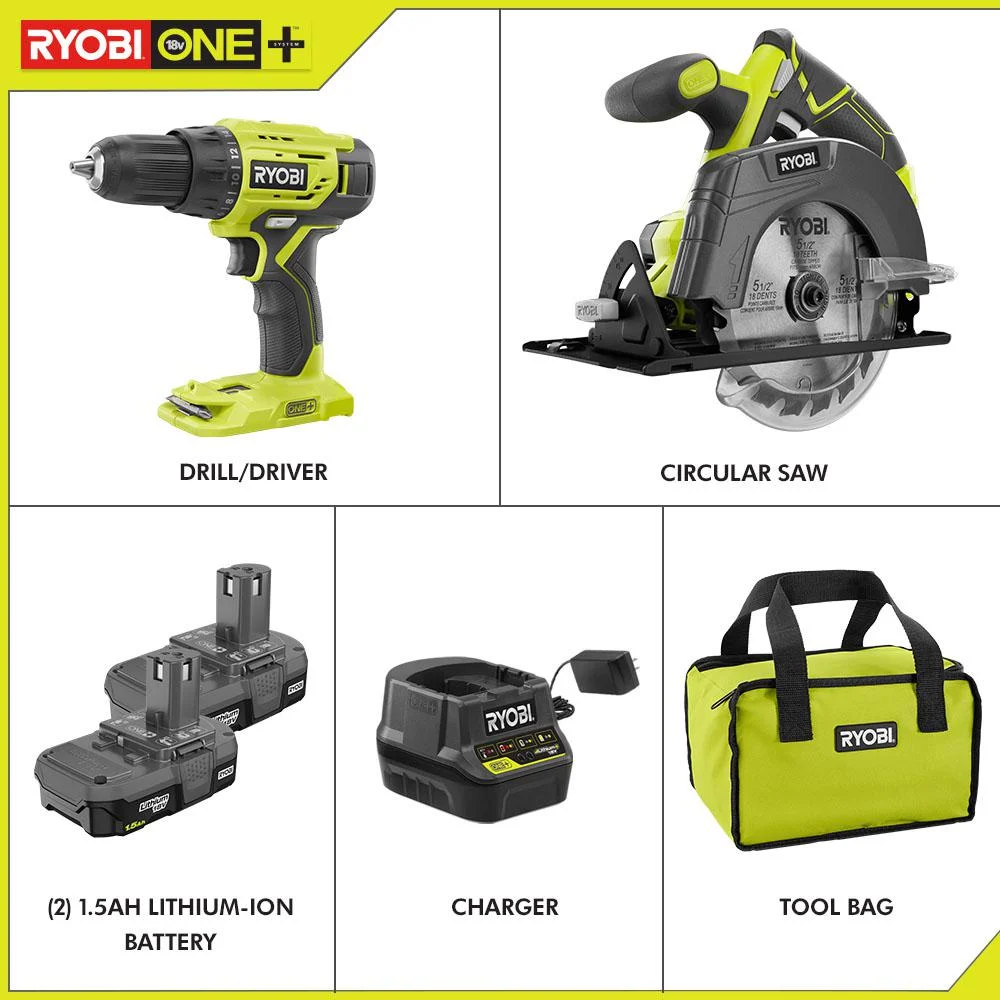 Ryobi P1816 18V Drill and Circular Saw Starter Kit with Two 1.5Ah Batteries and Charger