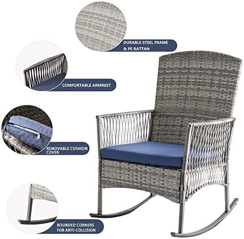 QUGDXVBN Outdoor Rattan Wicker Rocking Chair 3 Pieces Patio Conversation  Bistro Sets with  and Cushions for Porch Garden and Balcony