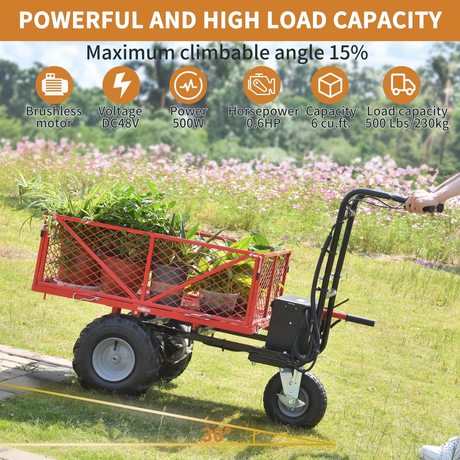 Heavy Duty Electric Powered 48V28Ah Utility Cart with 500lbs Capacity  230kg Material Hauler and 1000lbs Towing - Wheelbarrow