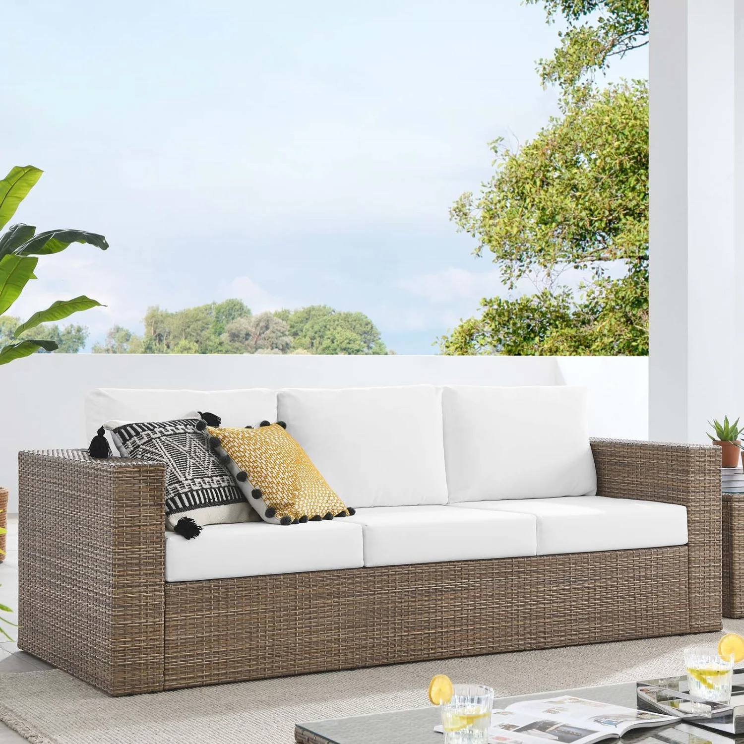 Lounge Sofa, White, Rattan, Wicker, Outdoor Patio Balcony Cafe Bistro Garden Hospitality Restaurant, Modern Contemporary HB34597