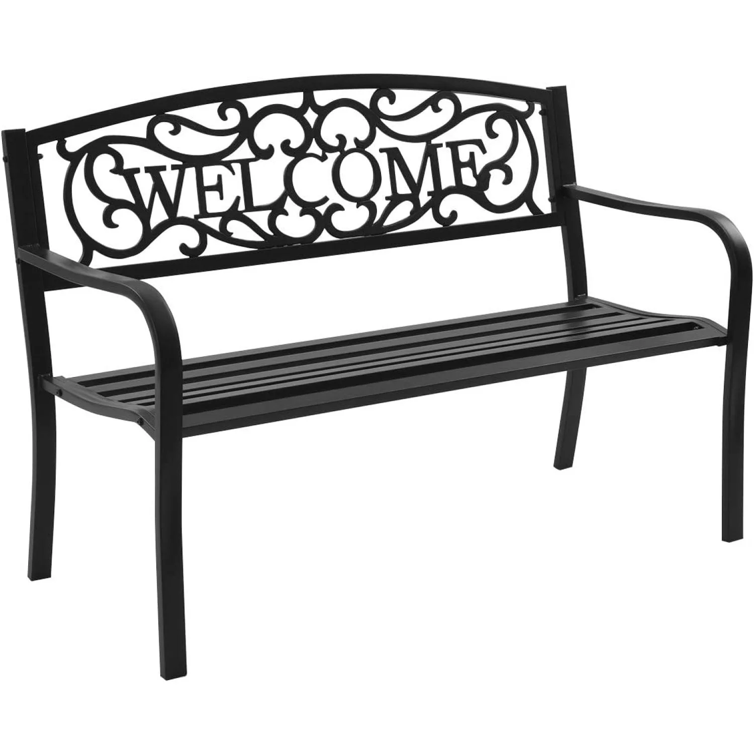 WJUN Garden Bench, Outdoor Metal Porch for PP Garden Yard, Patio Bench with Weather-Resistant Cast Iron Backrest and Welcome Pattern (Black)