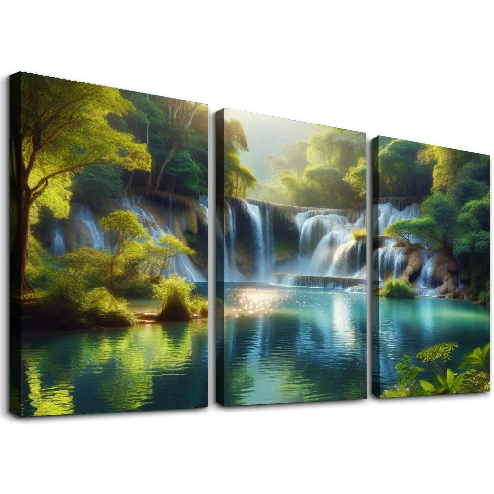 Ulloord  Waterfall Painting for Living Room Wall Art Home Decor Prints Green Forest and Lake Pictures Artworks Wall Decoration Framed Ready to Hang for House