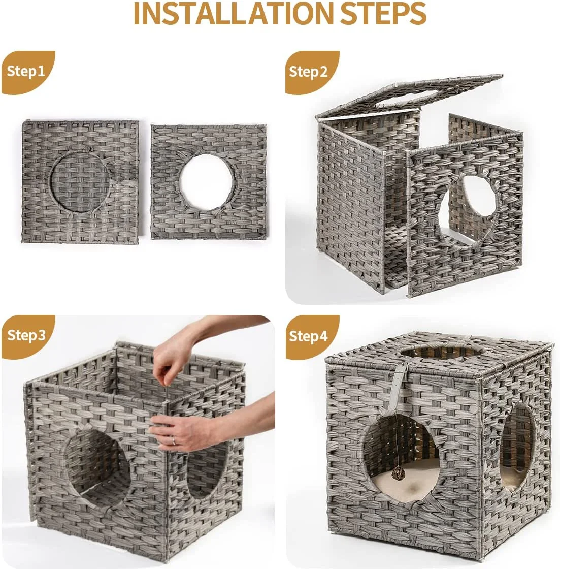 Ratten Cat House Condo with Rattan Interactive Hanging Ball Toy *4 & Cotton Cushion, Enclosed Wicker Cat Bed, Gray