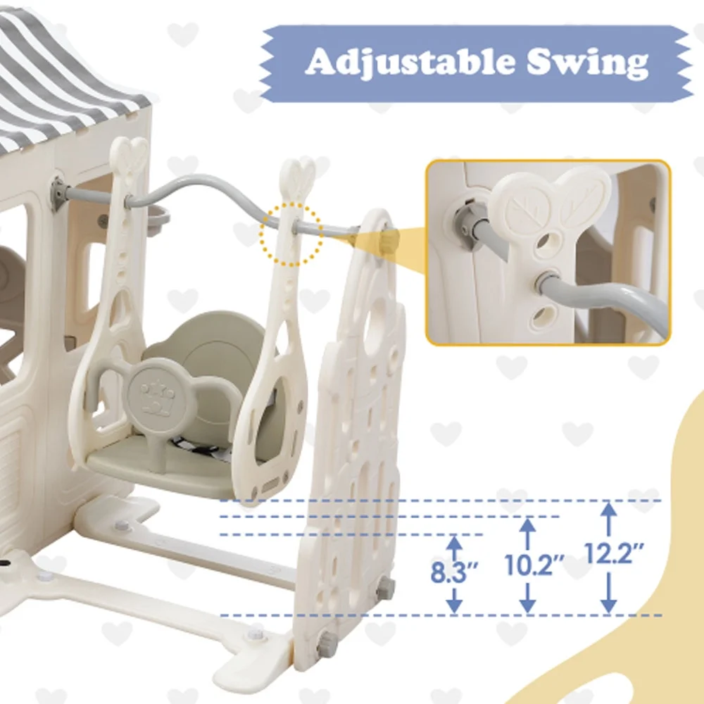 6 in 1 Slide and Swing Set, Climber Slide Playset with Fairy House, Freestanding Slide - Off-White+Grey