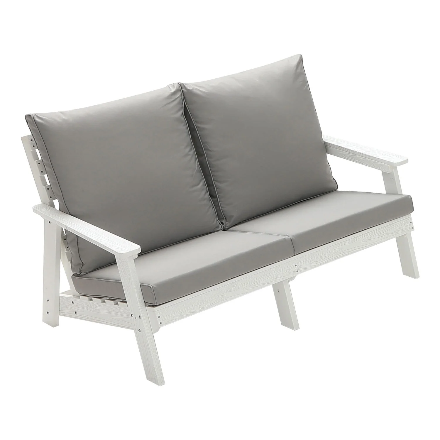 Stylish White/Grey Outdoor Garden Sofa with Wood Grain Design  Durable and Comfortable HIPS Loveseat with Cushion  Perfect Furniture for Relaxing Outdoors on Patio  Deck  or Porch