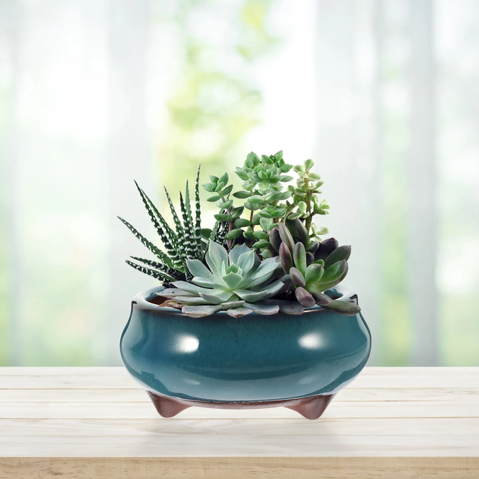 Guichaokj 2pcs Chinese Ceramic Planter with Drainage Hole Glazed Pot Succulent Plant Pot