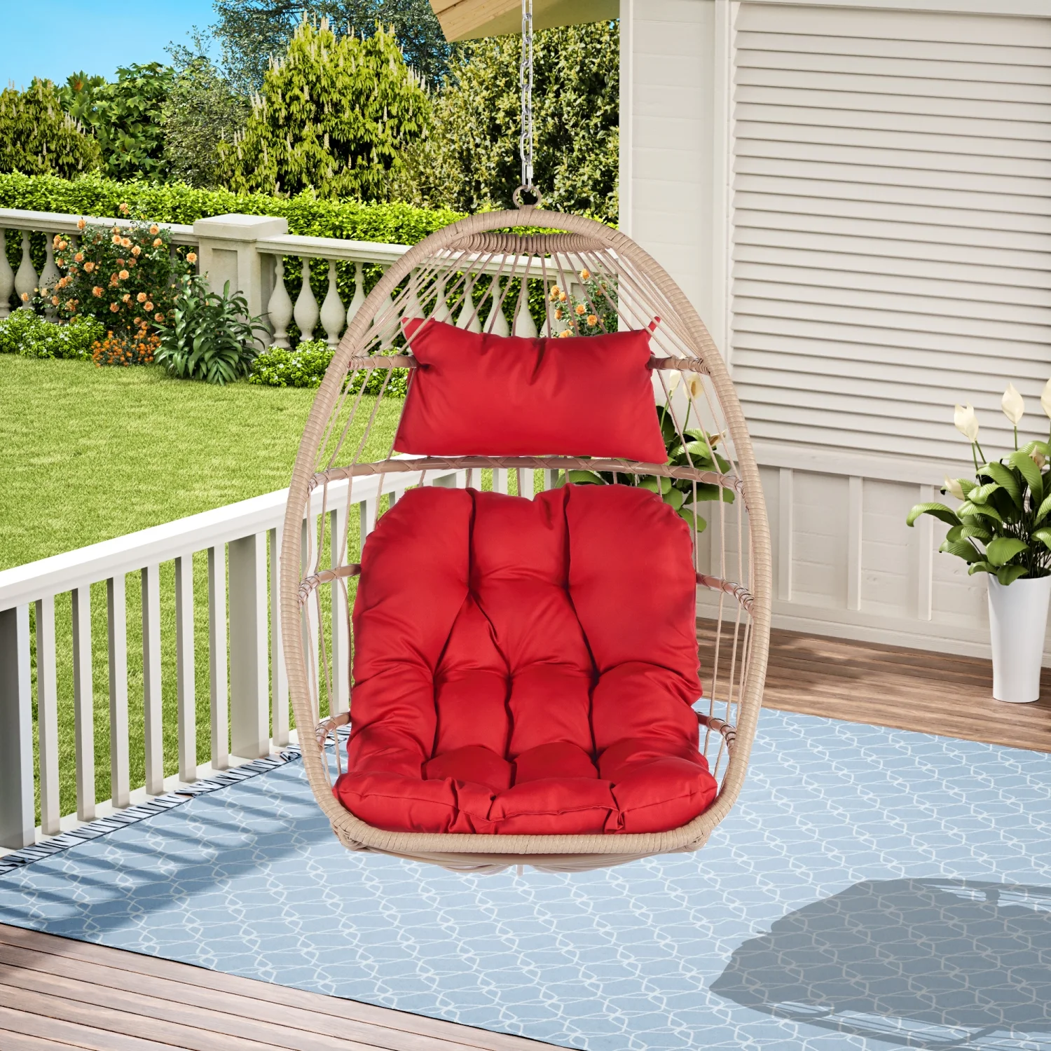TQJKLFDY Outdoor Garden Rattan Egg  Chair Hanging Chair Wood+Red cushion