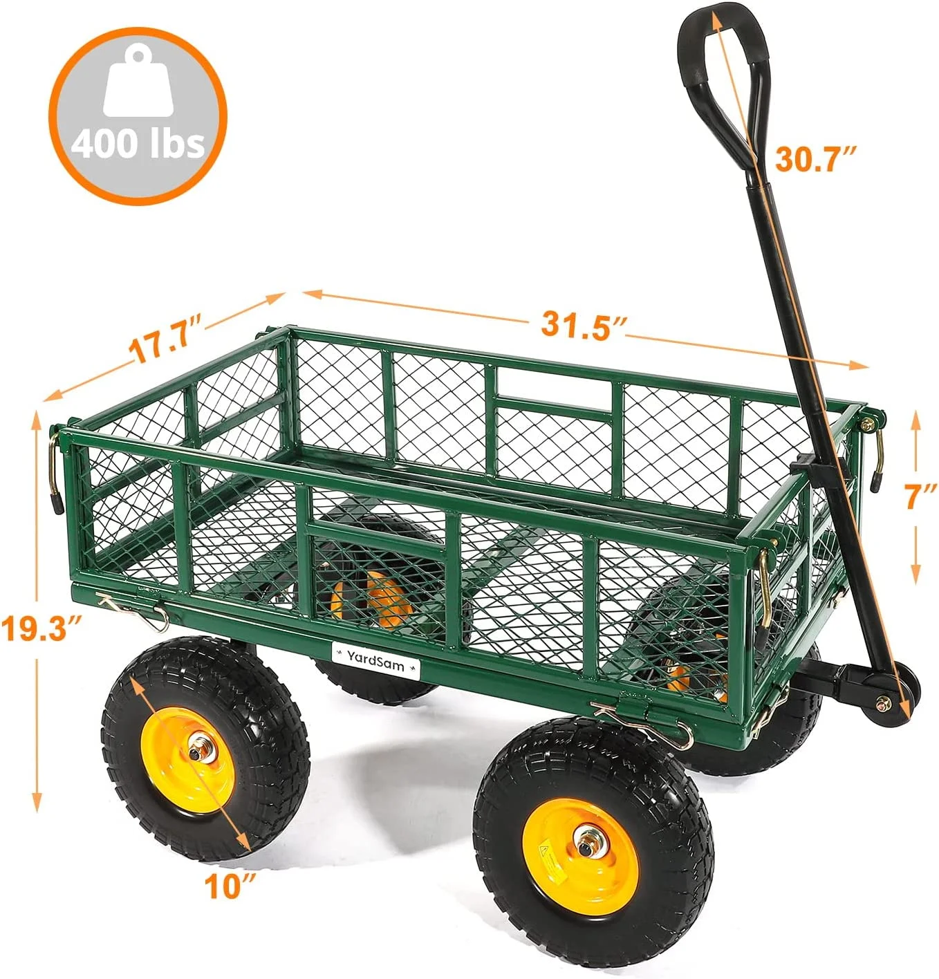 Heavy Duty Steel Garden Cart with No-Flat Tires and Liner, 400Lb Capacity Lawn Yard Wagon with Flat-Free Tire Solid Wheels and Removable Sides for Outdoor, Gardening, Farm, Ranch - Green