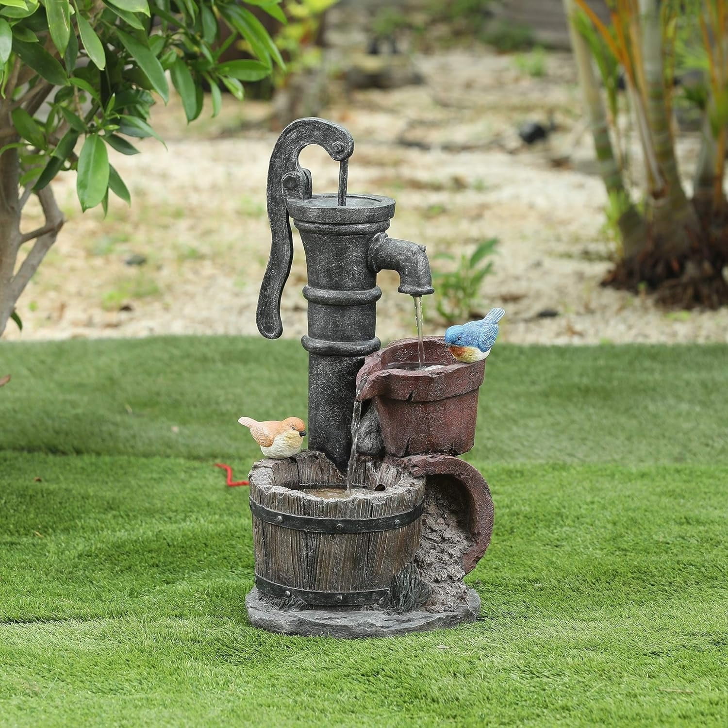 Blue Farmhouse Stone Water Pump Outdoor Patio Fountain - 14.4L x 11.8W x 24.8H inches