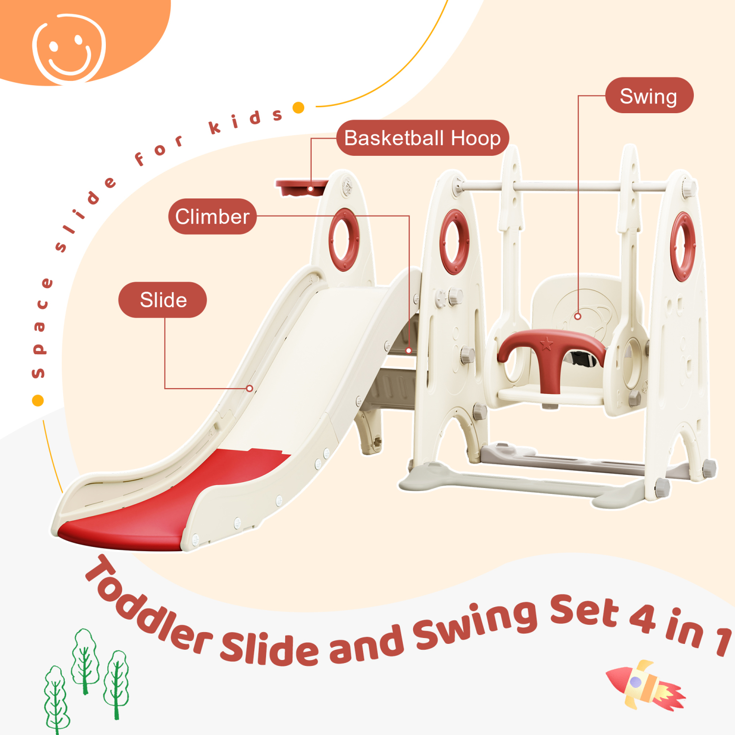 4-in-1 Freestanding Toddler Slide and Swing Set with Basketball Hoop - Kids Playground Climber Slide Playset for Babies - Versatile Outdoor Play Equipment