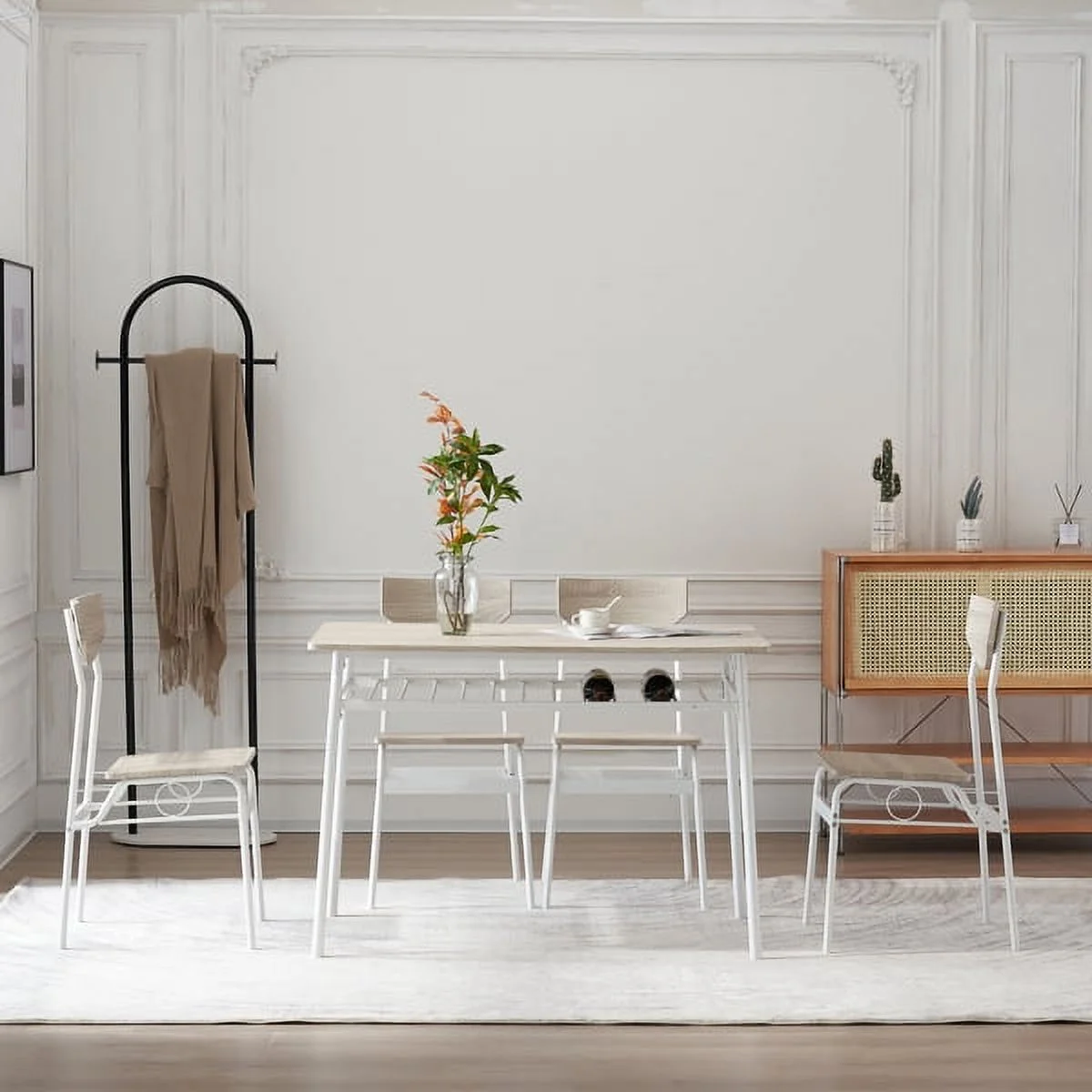 Fithood Rectangular Disassembly and Assembly P2 Board Iron Compartment 1 Table 4 Chairs Dining Table and Chair Set Brown Butternut