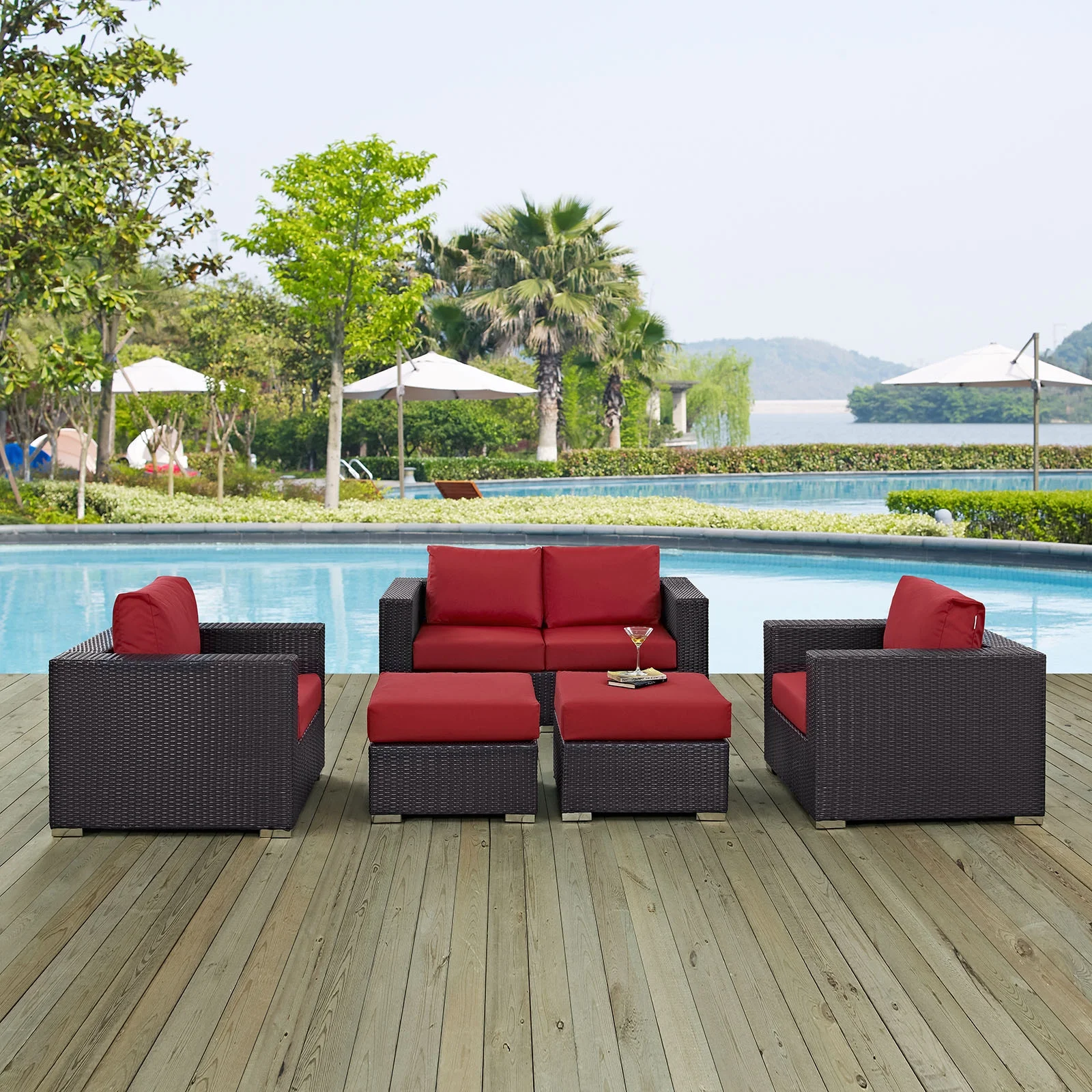 Modern Contemporary Urban Design Outdoor Patio Balcony Five PCS Sofa Set, Red, Rattan