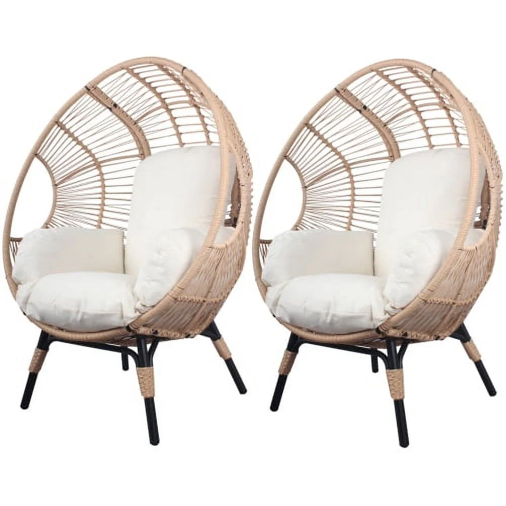 Buumin 2 Pieces Patio PE Wicker Egg Chair Model 2 with Natural Color Rattan Beige Cushion