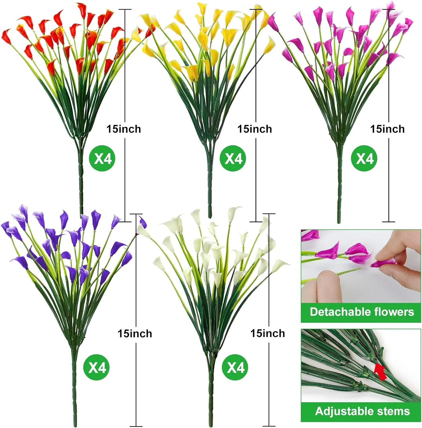 20 Bundles Artificial Flowers for Outdoors Fake Calla Lily Flowers Faux Plastic Plants UV Resistant Summer Flowers for Garden Porch Patio Office Window Box Table Home Decorations, Multicolor
