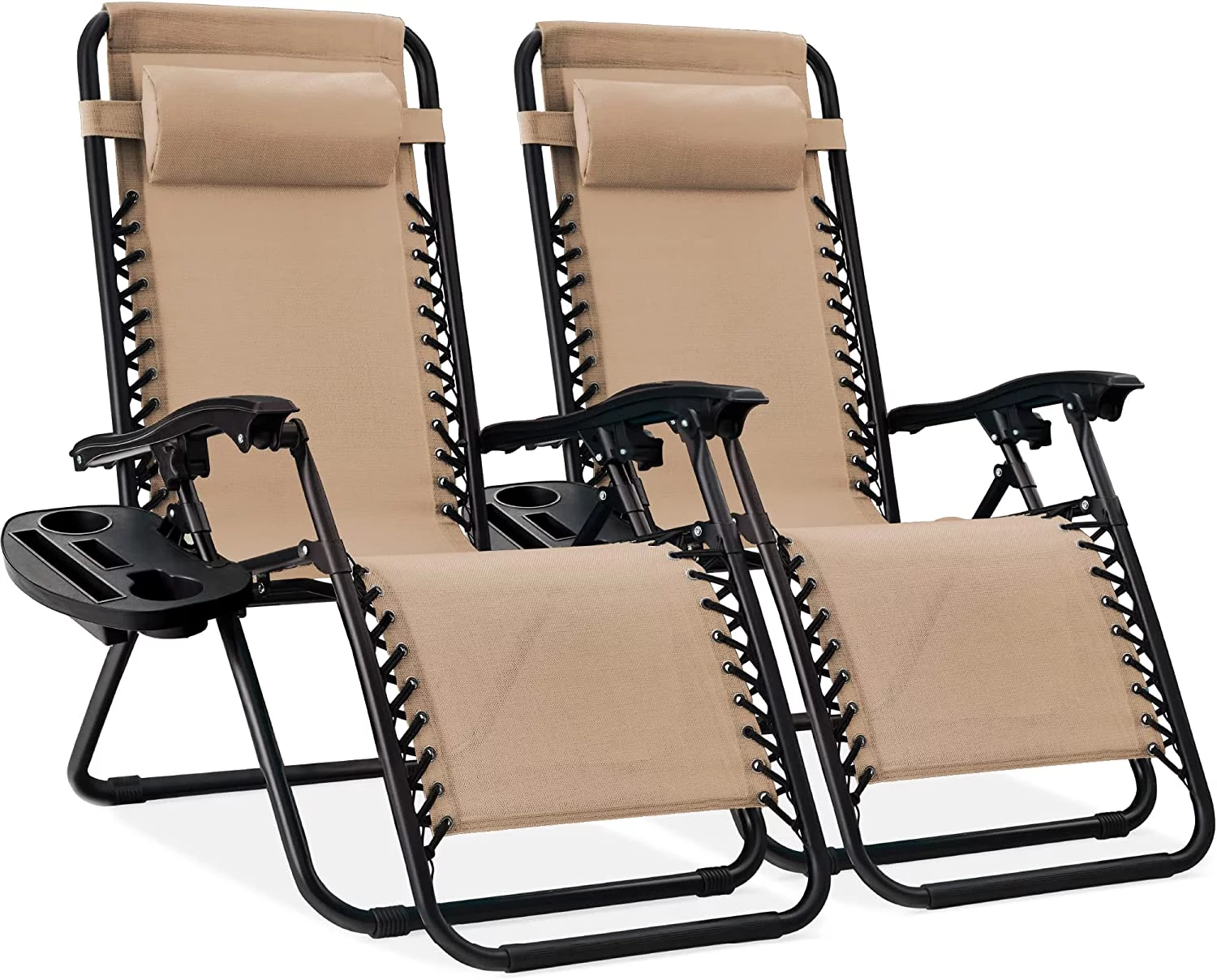 Set of 2 Adjustable Steel Mesh Zero Gravity Lounge Chair Recliners w/Pillows and Cup Holder Trays - Sand