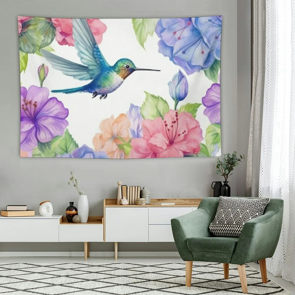 CANFLASHION  Bird and Floral Tapestry Watercolor Flowers Butterflies and Hummingbird Home Decor Tapestry Wall Hanging for Bedroom Living Room Dorm,