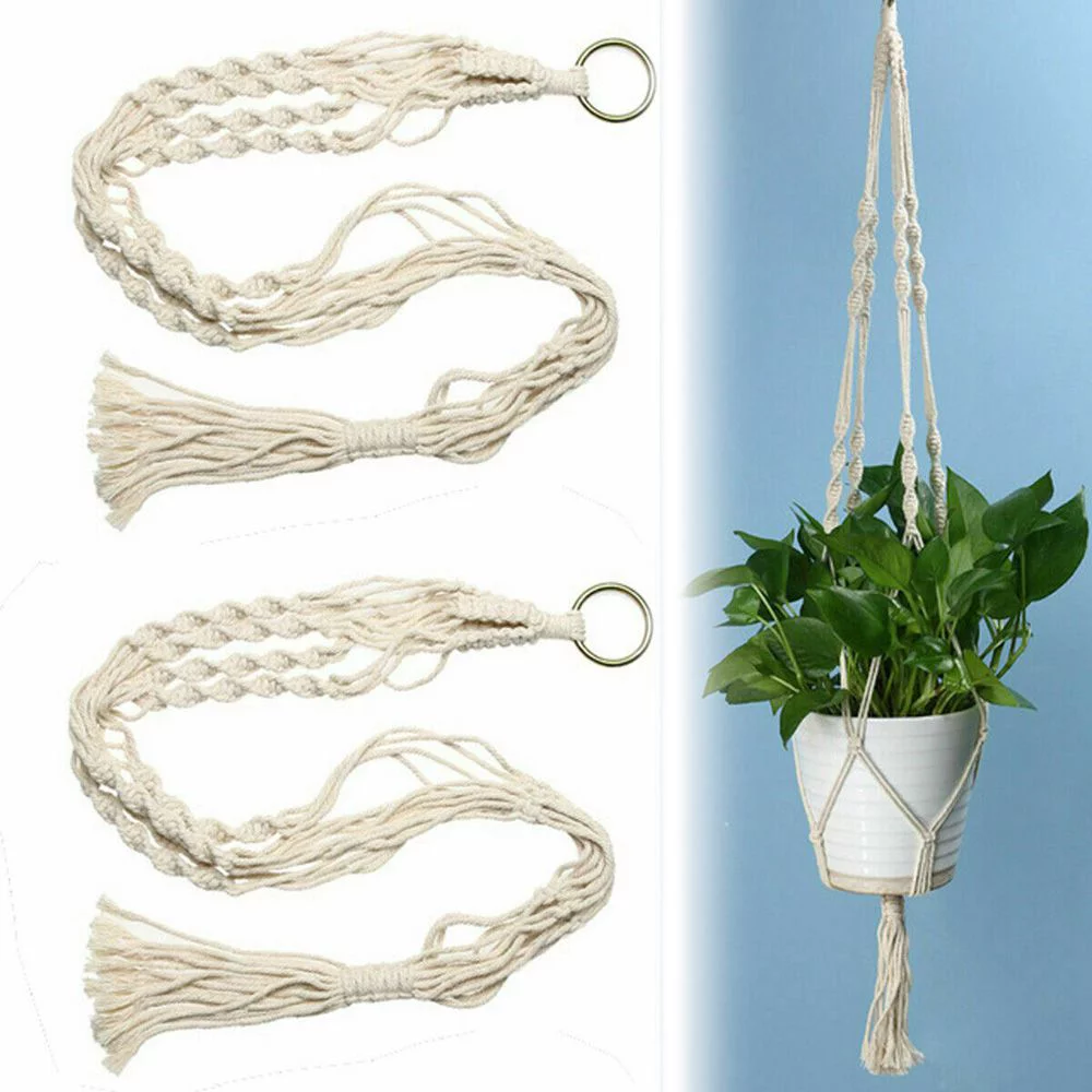 2 Pcs 41 Inch Plant Gardening Net Pocket Large Garden Supplies Plant Hanger Flower Pot Holder Lanyard Tassel Hanging Basket WHITE