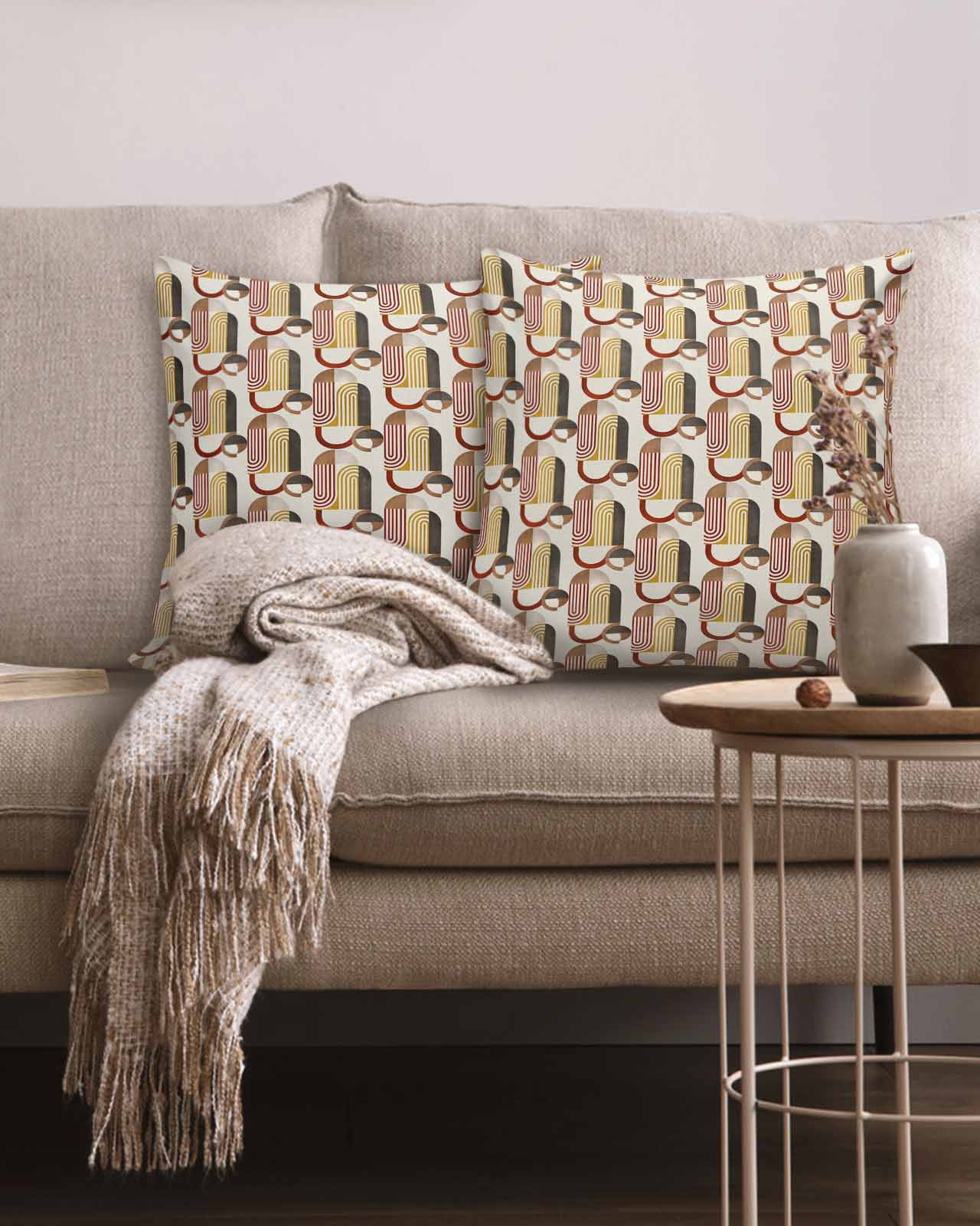 Funky Ancient African Art Inspired 16x16 Pillow Covers Set of 2, Geometric Shapes Boho Decorations Outdoor Throw Pillow Covers, Cotton Linen Square Pillowcases for Patio Sofa Couch Bedroom Decorative