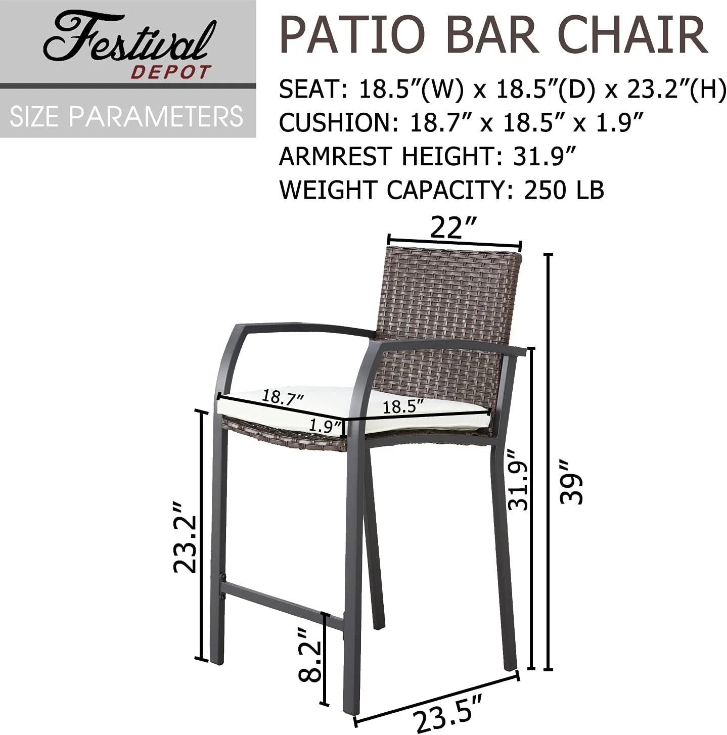 4 Pcs Wicker Bar Stools Patio Rattan Bistro Height Chairs Furniture Set with Beige Cushions, Footrests, Armrests, Metal Frame for Deck Poolside Porch Backyard (Brown Back)