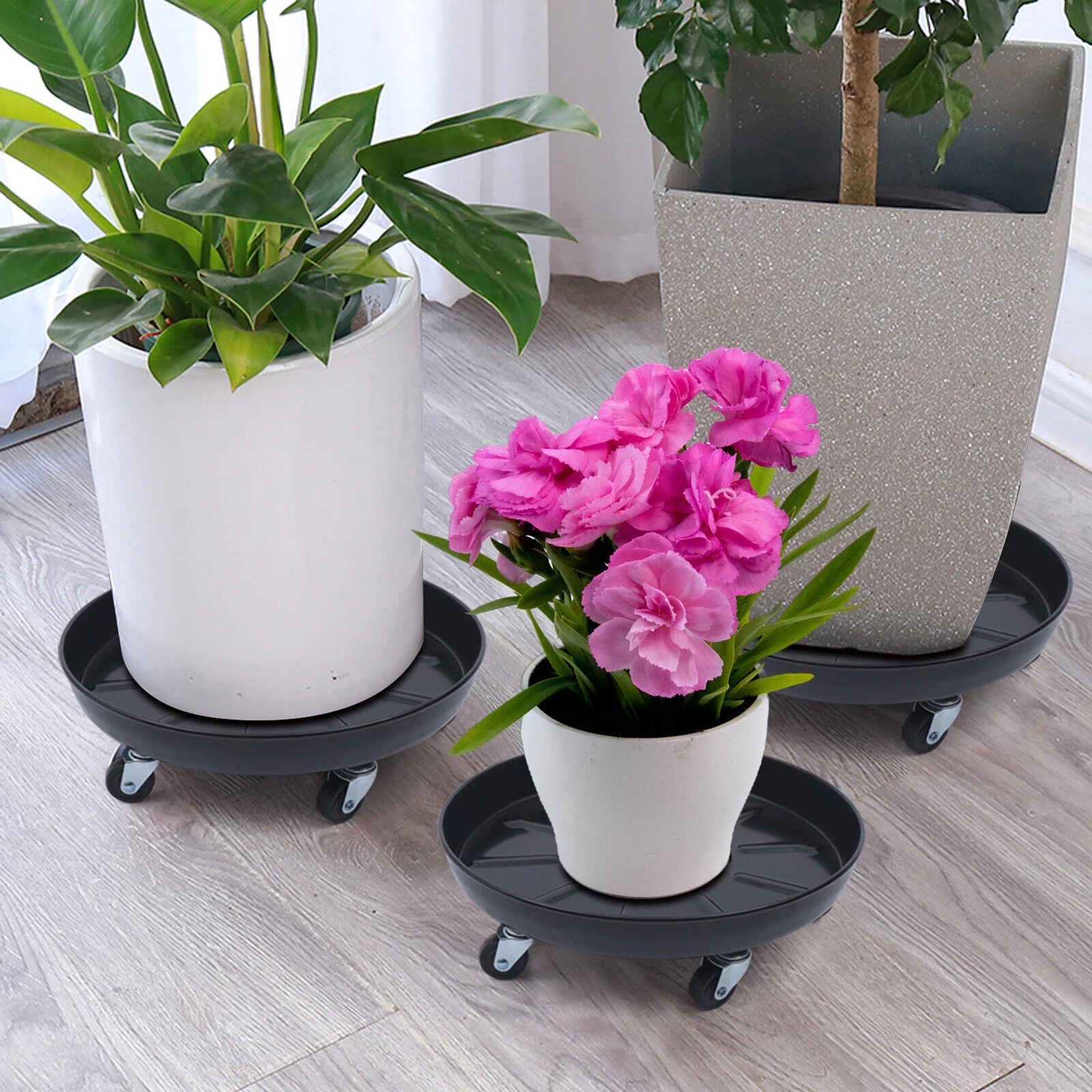 ZhdnBhnos 3Pcs Planter Tray Heavy Duty Plant Dolly Movable Flower Pot Caddy Stand W/ Rolling Wheels