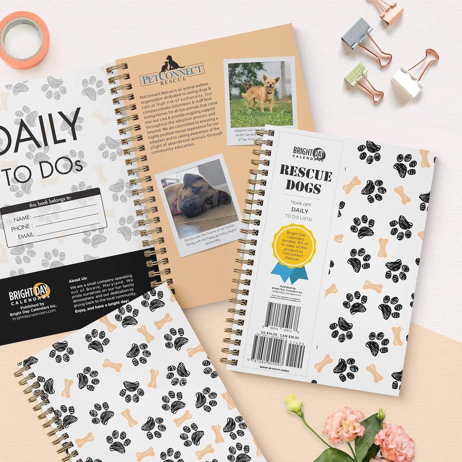 Bright Day Calendars to Do List Daily Task Checklist Planner Time Management Notebook by Bright Day Non Dated Flex Cover Spiral Organizer 8.25 x 6.25 (Rescue Dogs)