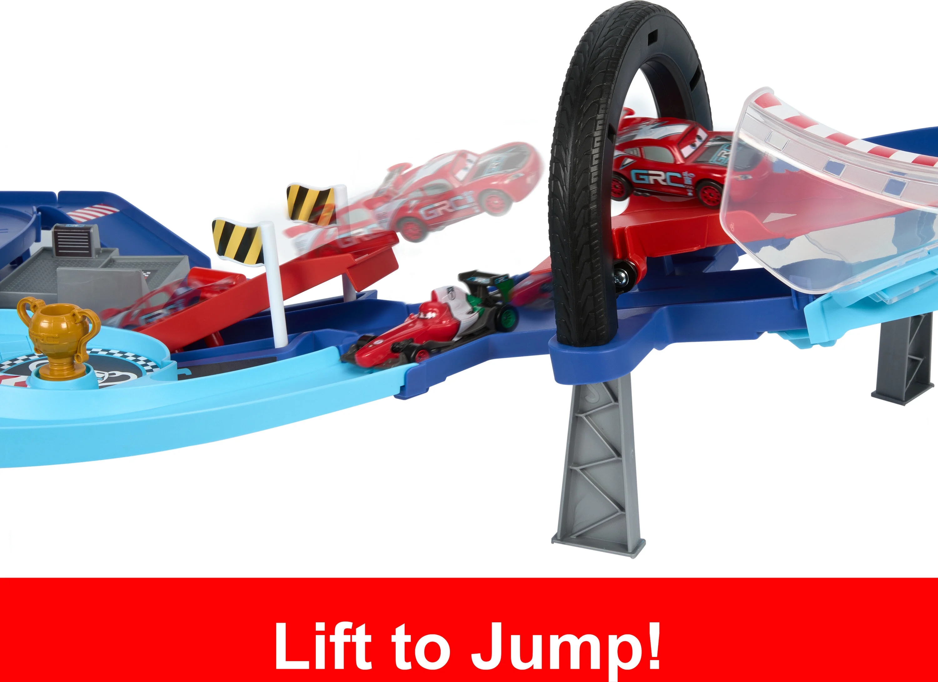 Disney and Pixar Cars GRC Jumping Raceway Playset with 2 Toy Vehicles, Includes Lightning McQueen