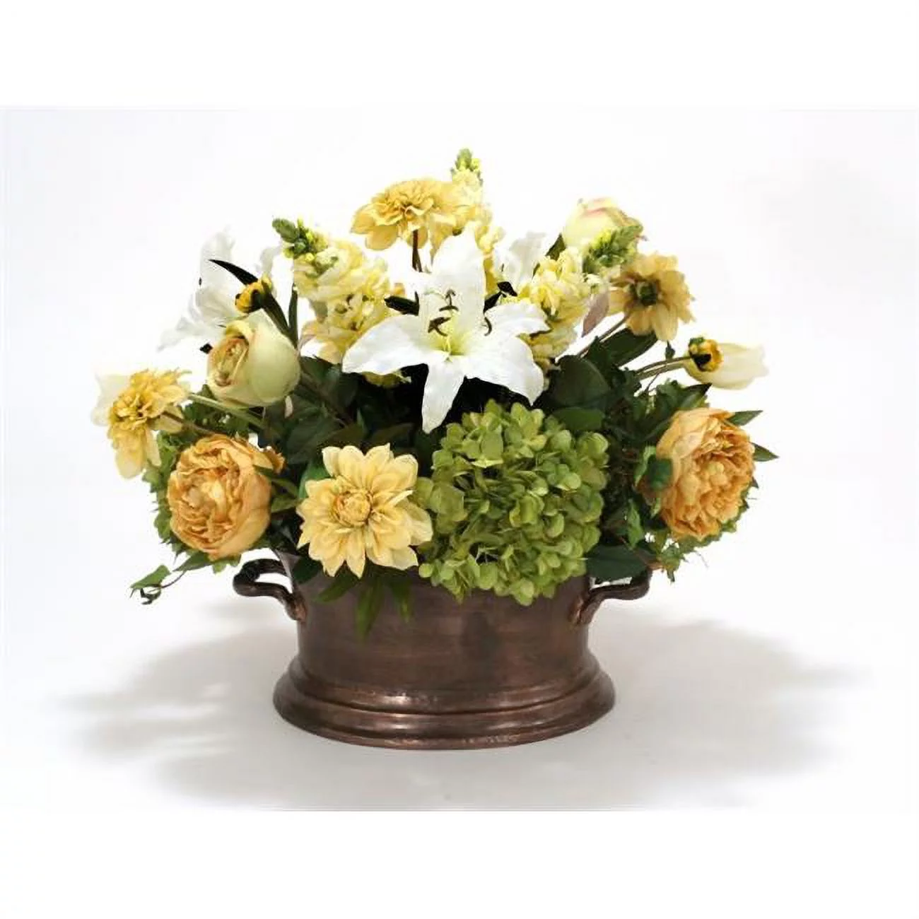 Cream Yellow, Gold, Green & White Garden Flower Mix in Oval Copper Planter