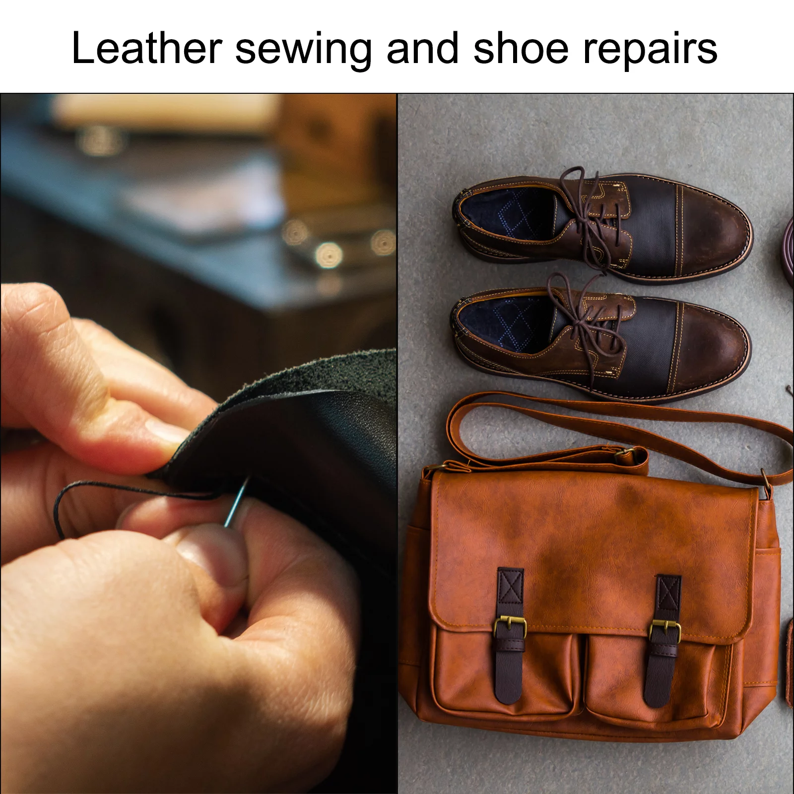 Uxcell Shoe Repair Tool Sewing Set with White Lines Thread, Straight Needle Sewing Awl, Copper Handle 3in1 Set