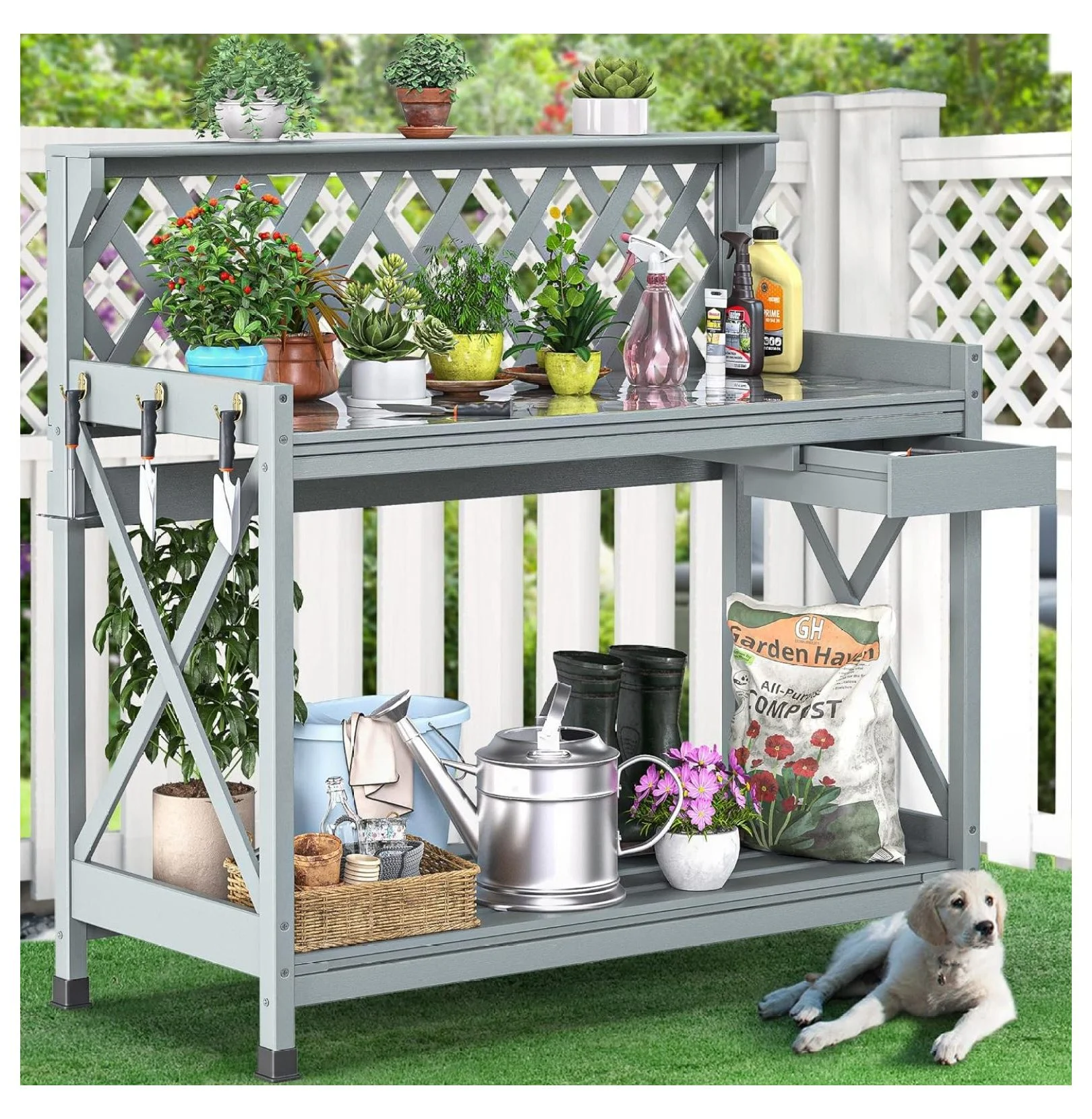 Outdoor Garden Workstation Table with Drawer, Potting Bench Table w/Exposed Rack, Hanger, PVC Water-Resistant Mat, Gray