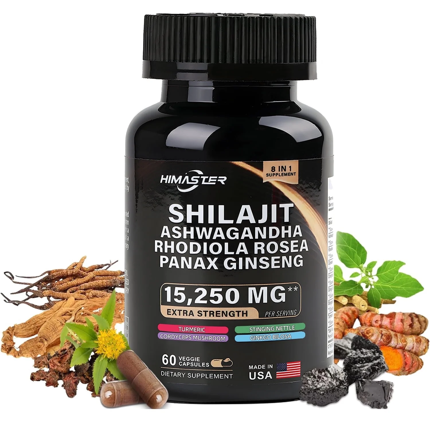 Shilajit Pure Himalayan 9000MG, Energy Booster Ashwagandha 2000MG, Rhodiola Rosea 1000MG, Panax Ginseng 1500MG, Turmeric 500MG, Ginkgo Biloba 500MG, Stinging Nettle 250MG Cordyceps Mushroom 5