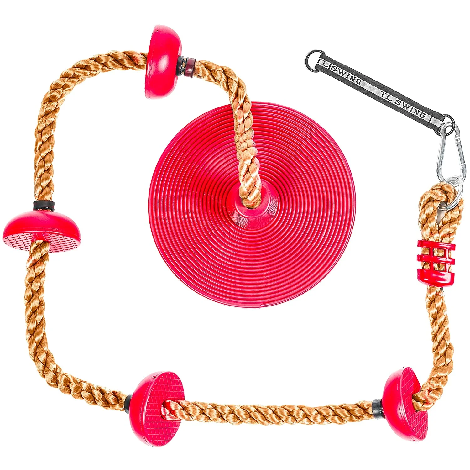 Athletic Bar Tree Swing Rope Climbing Kids Swing Set Saucer Disc Swing Seat Playground Platform Swing Rope Climb Outdoor Hanging Rope Adjustable Height Up to 6.5 Feet, Red