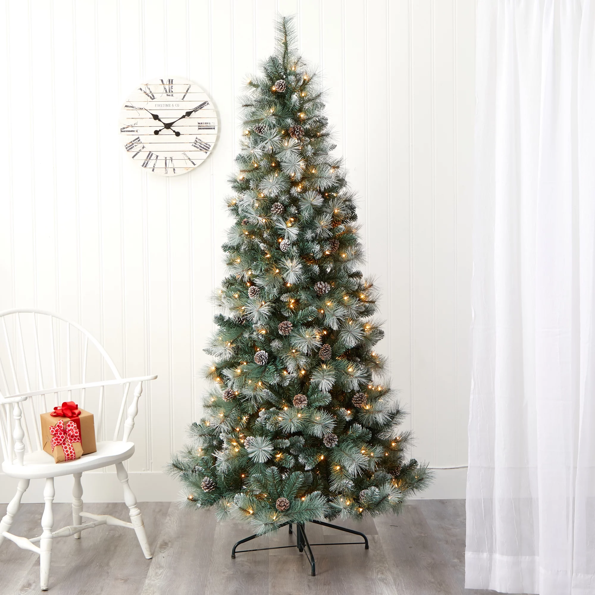 Nearly Natural 7’ Pre-Lit Brit Columbia Pine Artificial Christmas Tree, Clear LED Lights